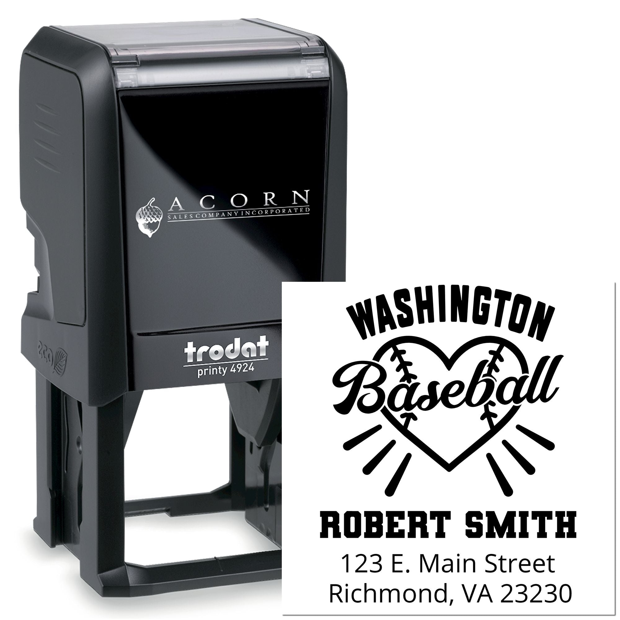 Custom baseball self-inking rubber stamp with Washington Baseball logo, Robert Smith name, and Richmond, VA address