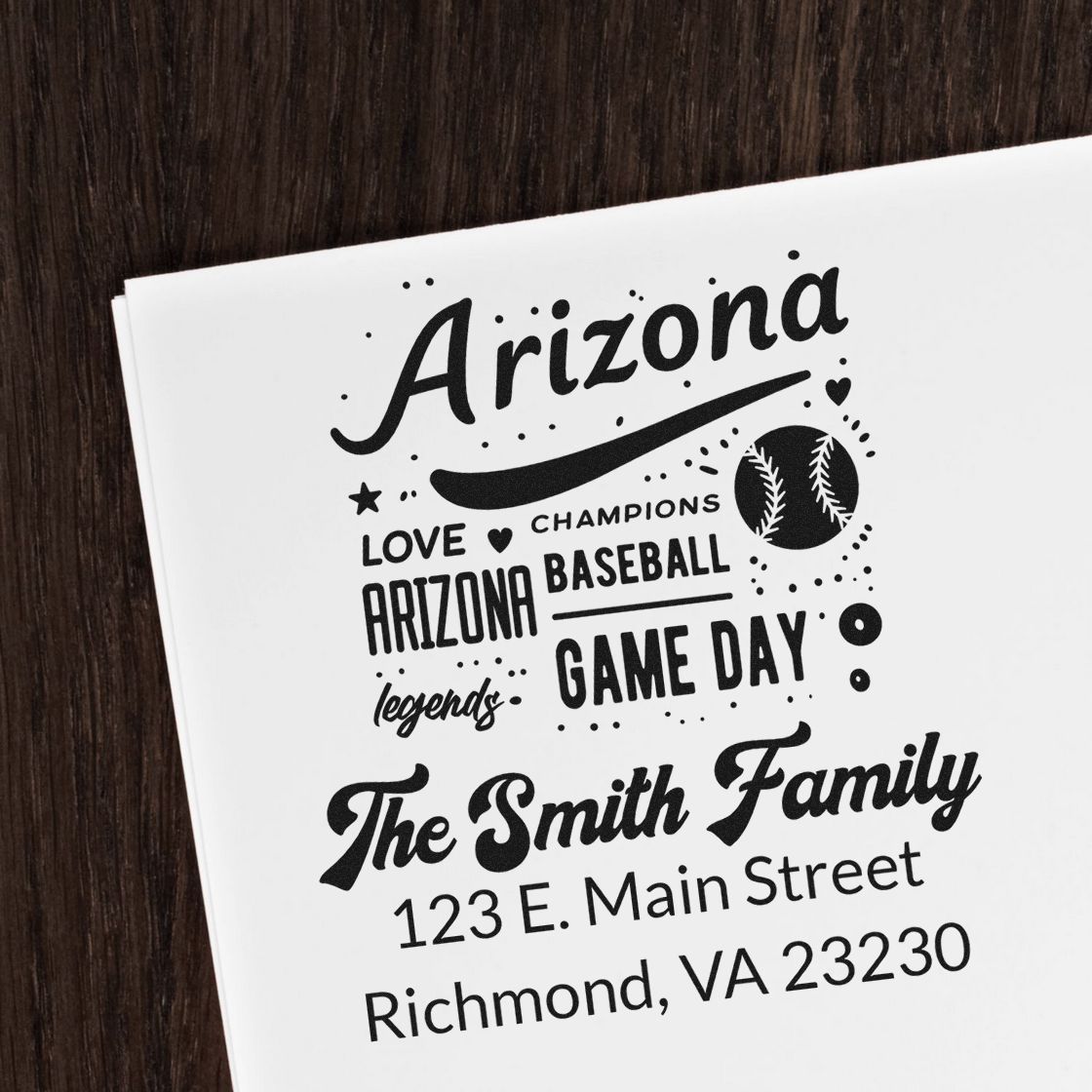 Personalized Arizona baseball rubber stamp with The Smith Family name and Richmond, VA return address.