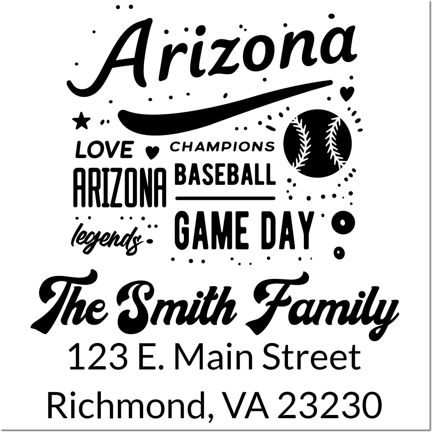 Custom Arizona baseball rubber stamp design with The Smith Family, Game Day, and return address.
