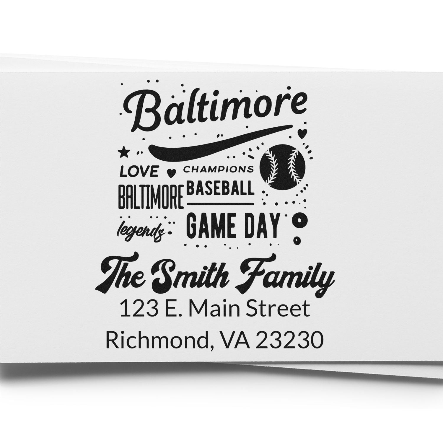 Personalized Baltimore baseball return address stamp for The Smith Family, featuring game day design and Richmond, VA address.