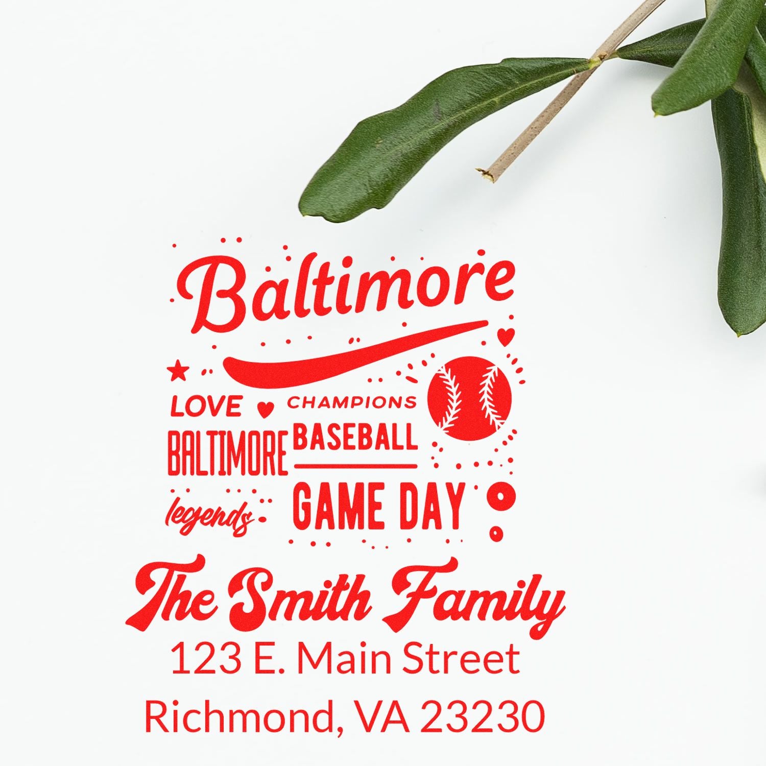 Custom Baltimore baseball family address rubber stamp with The Smith Family, game day design, and Richmond, VA address