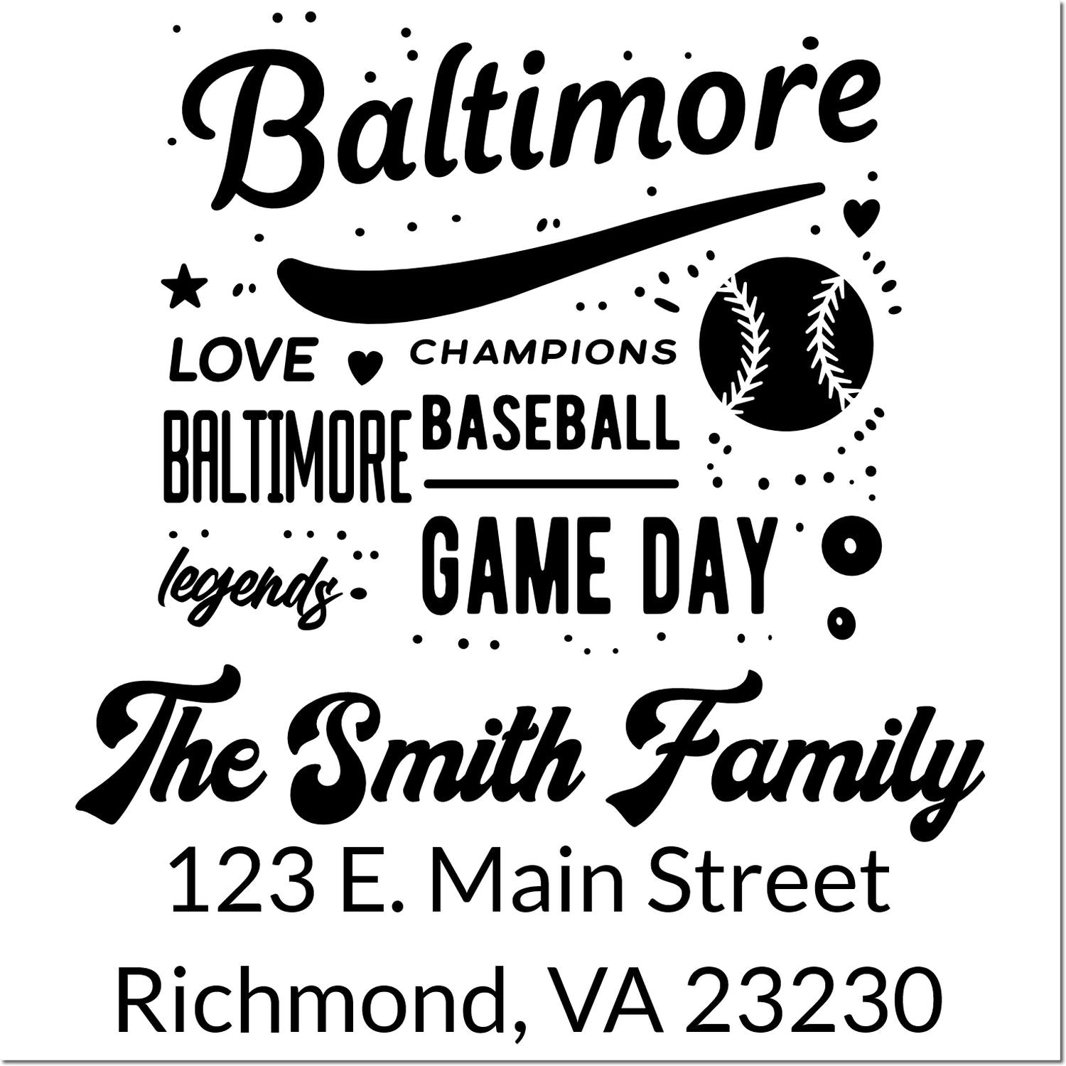 Custom baseball rubber stamp design for The Smith Family, with Baltimore game day graphics and Richmond, VA 23230 address.