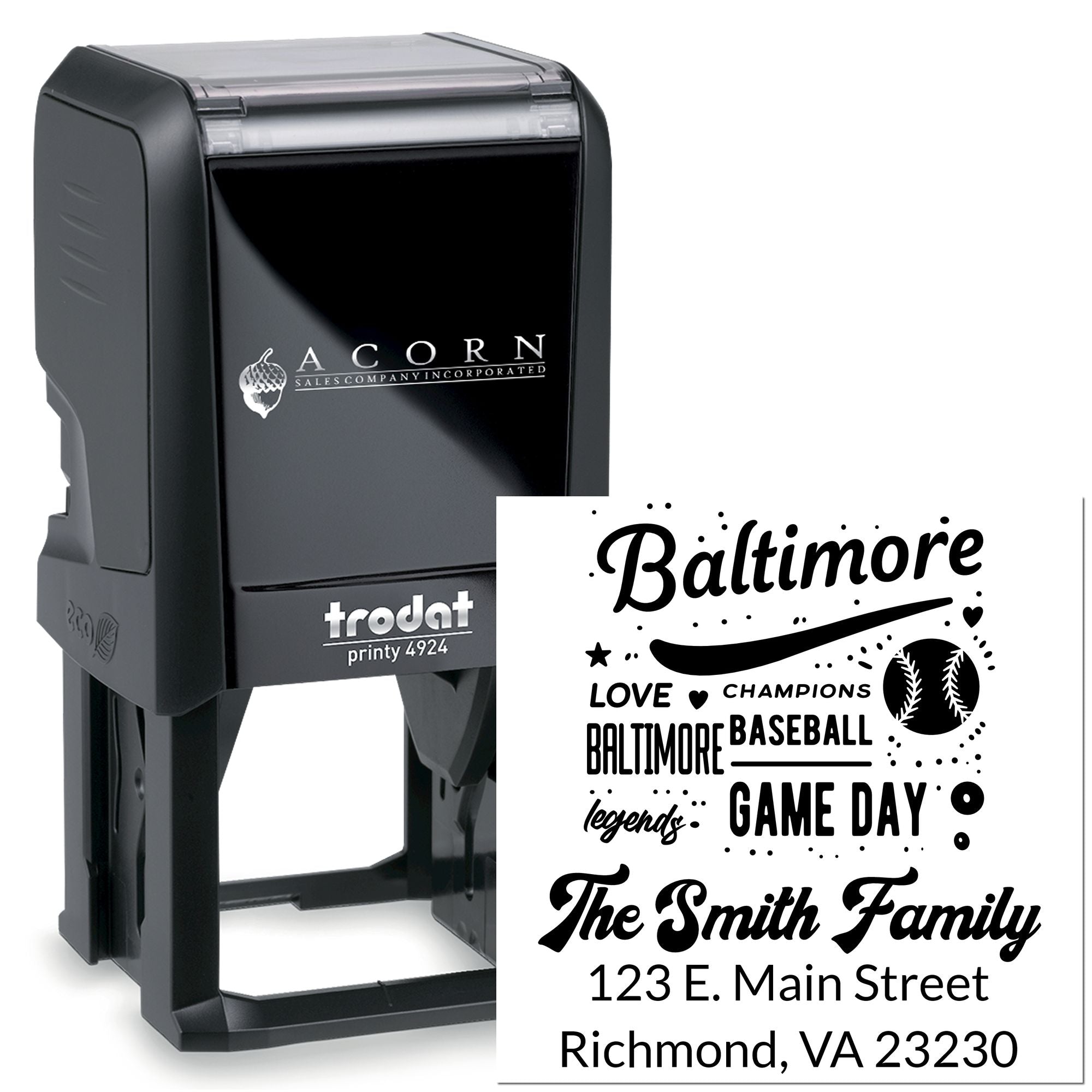 Custom self-inking address rubber stamp with Baltimore baseball game day family design, Trodat Printy 4924