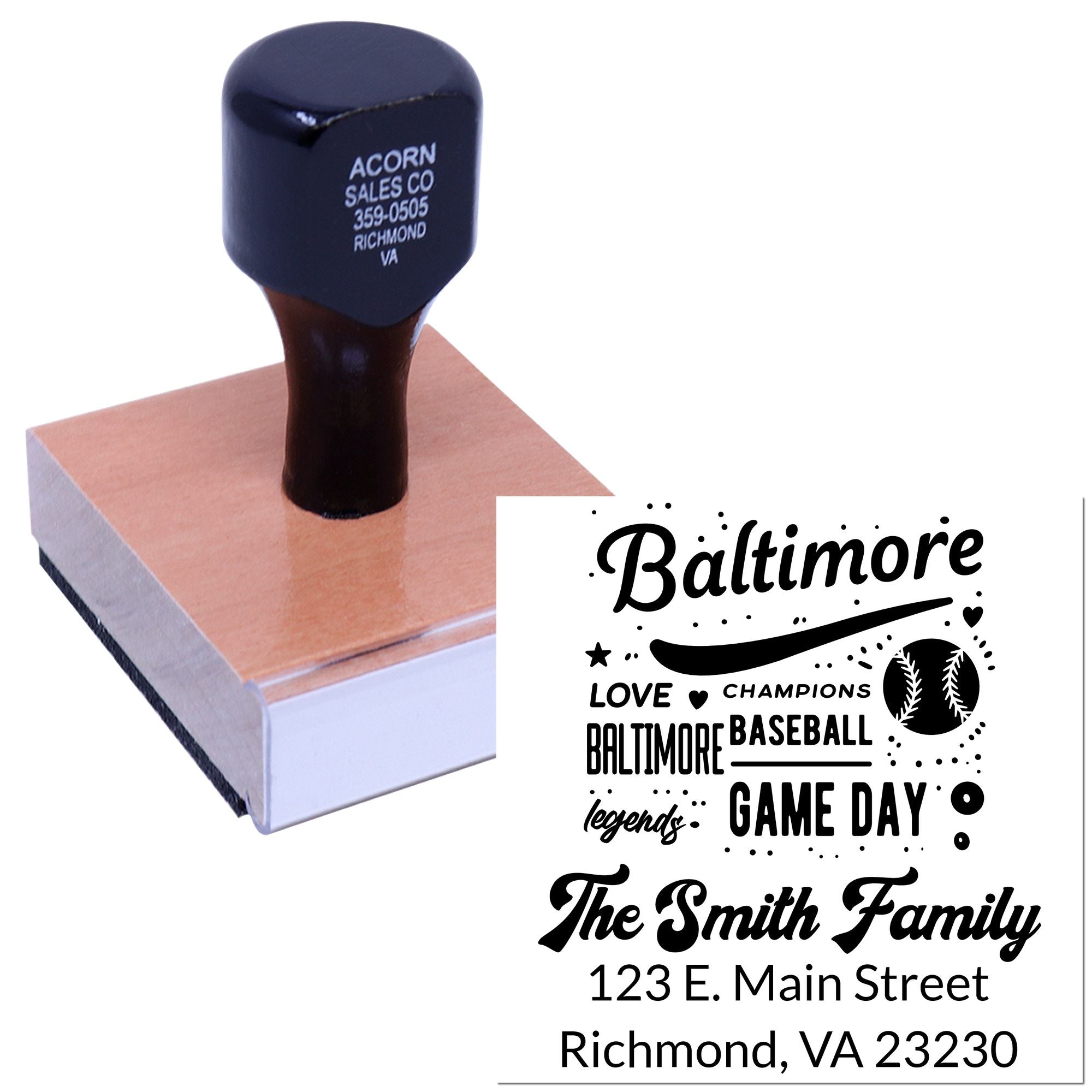 Custom rubber stamp with Baltimore baseball game day design and family address for personalized mail and sports fans.