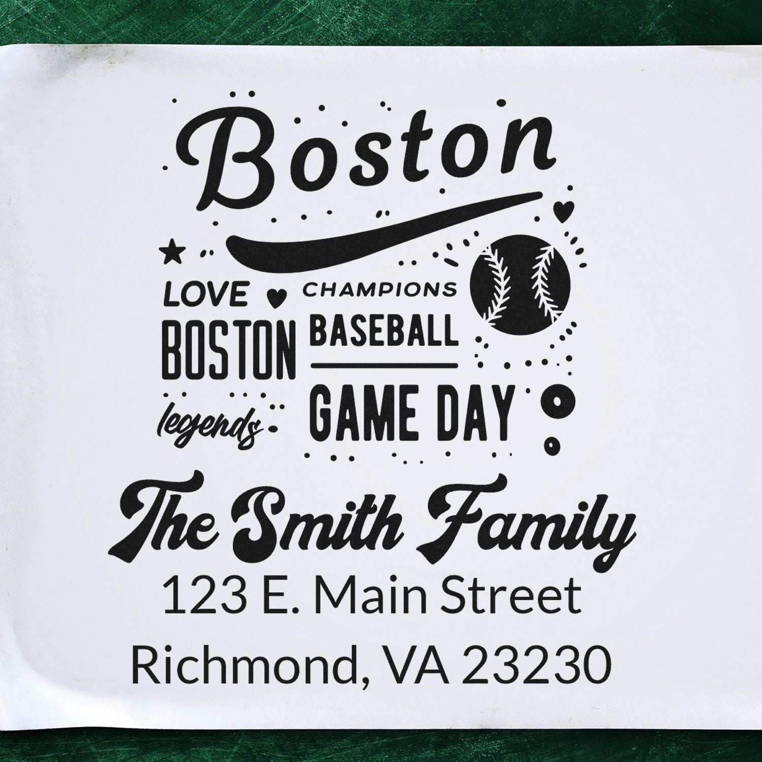 Custom Boston baseball rubber stamp with family name and address for game day invitations, packaging, and stationery.