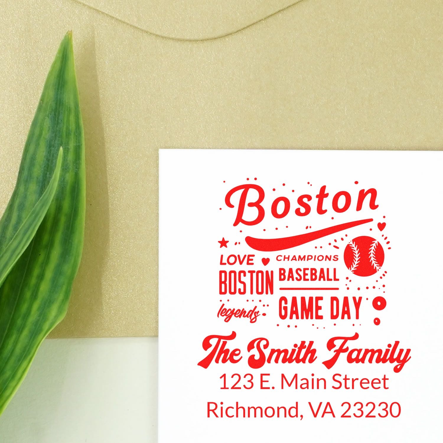 Custom Boston baseball game day rubber stamp with The Smith Family name and Richmond, VA return address.