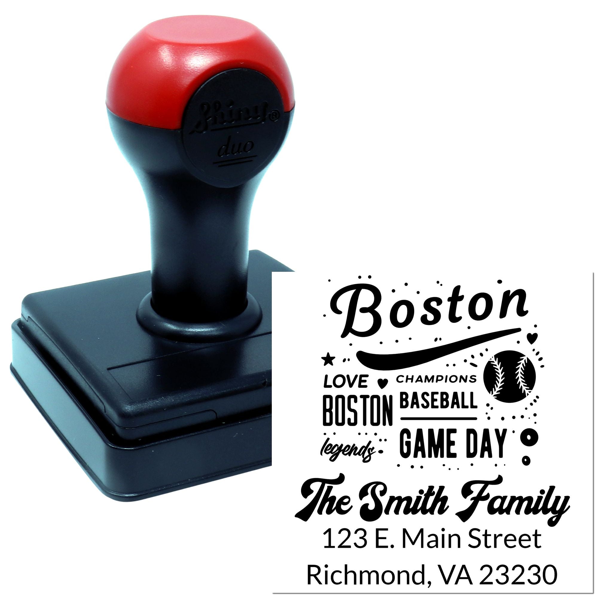 Custom self-inking rubber stamp for Boston baseball fans with personalized family name, game day design, and return address.
