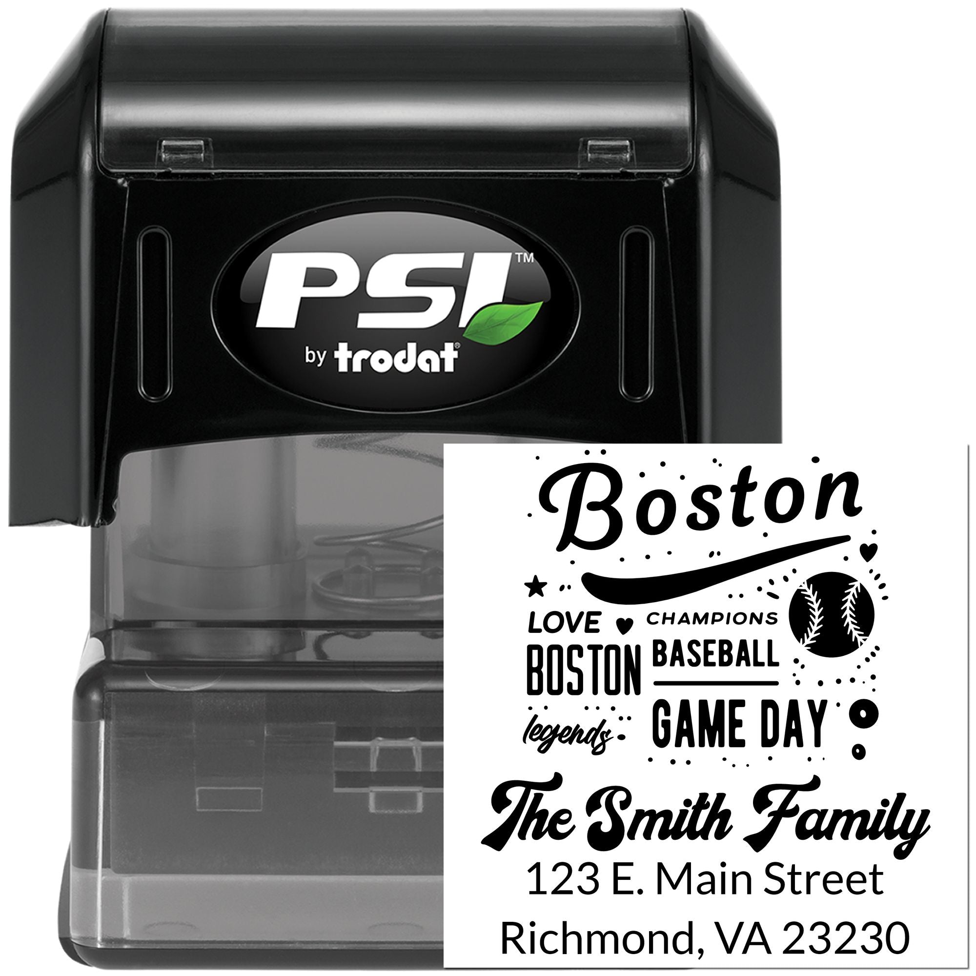 PSI by Trodat self-inking custom rubber stamp with Boston baseball design, family name, and address label.