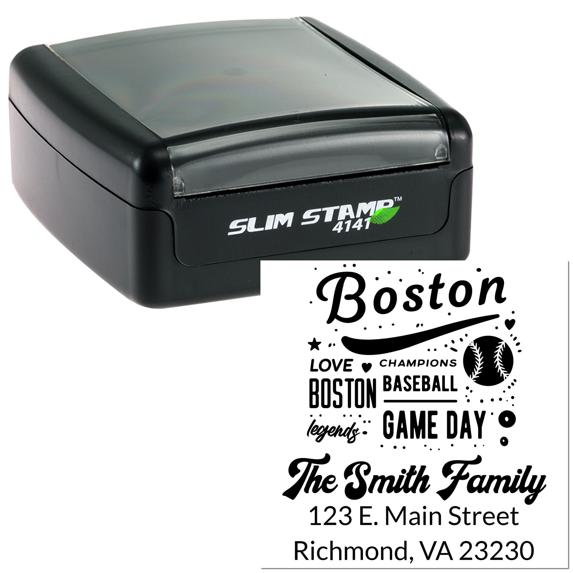 Custom self-inking rubber stamp with Boston baseball design and family return address for personalized mailing.