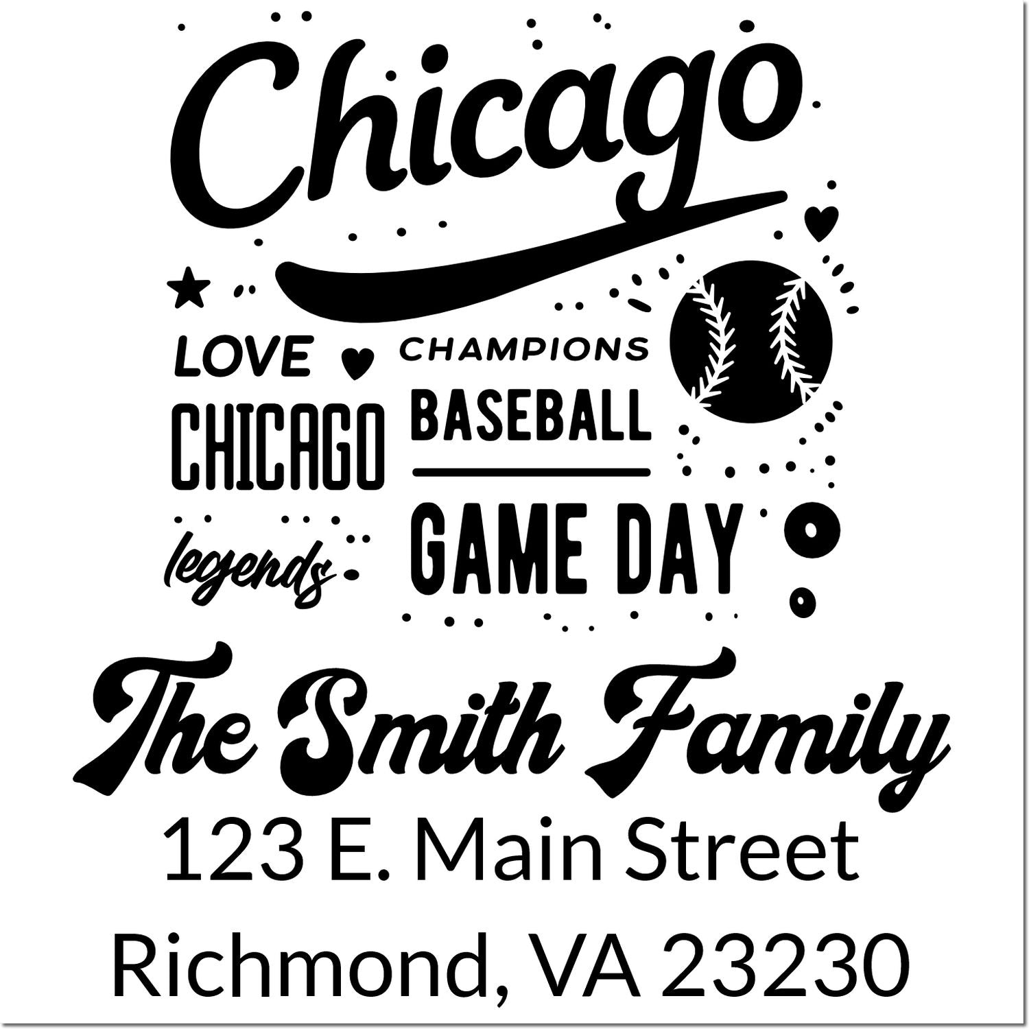 Personalized Chicago baseball family return address rubber stamp for The Smith Family, Richmond, VA 23230