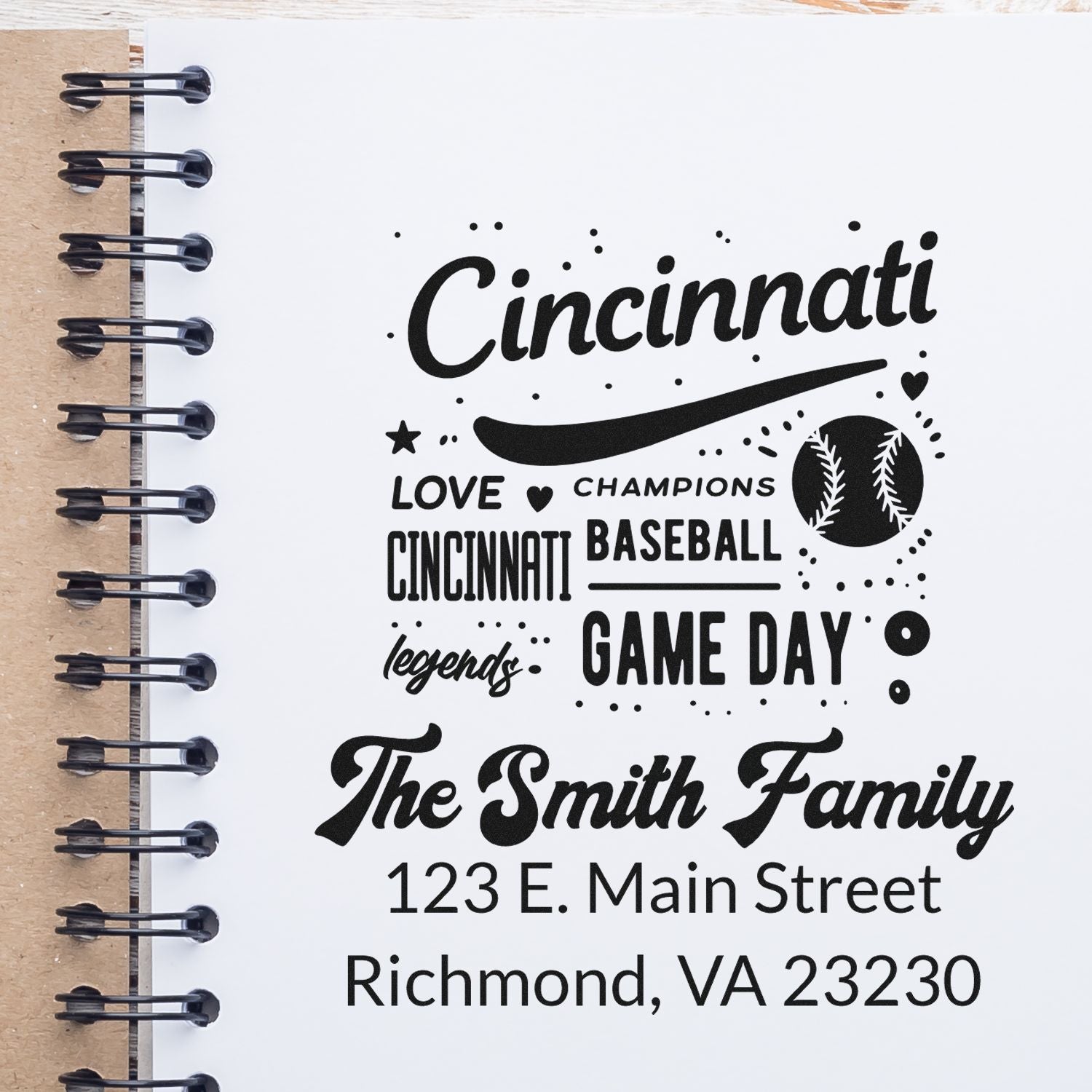 Custom Cincinnati baseball rubber stamp for The Smith Family with address, ideal for personalized team or family stationery.