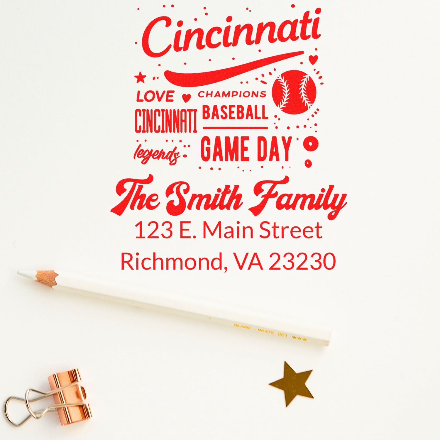 Personalized Cincinnati baseball game day rubber stamp with The Smith Family return address, Richmond, VA 23230