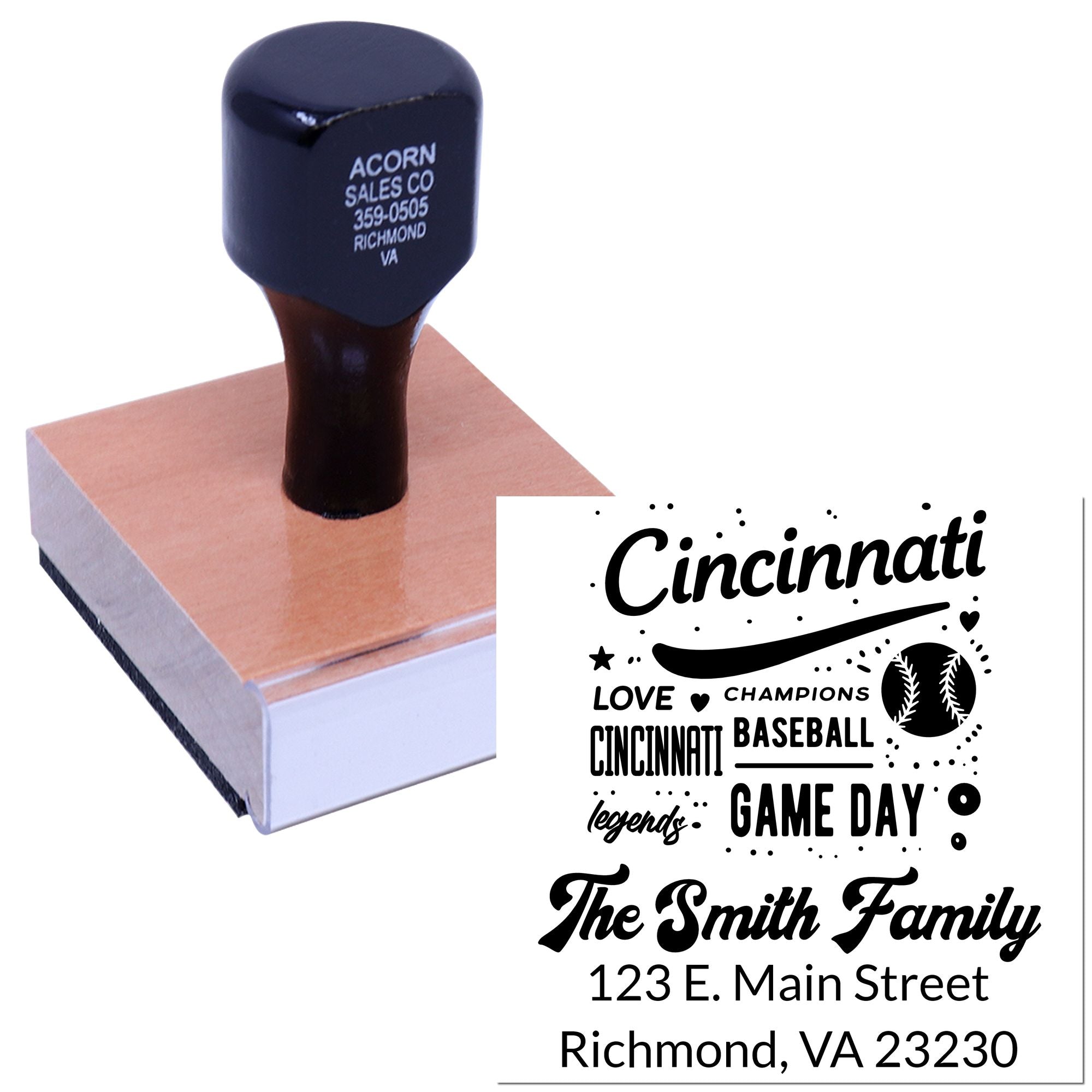 Custom rubber stamp with Cincinnati baseball game day design and family address for The Smith Family