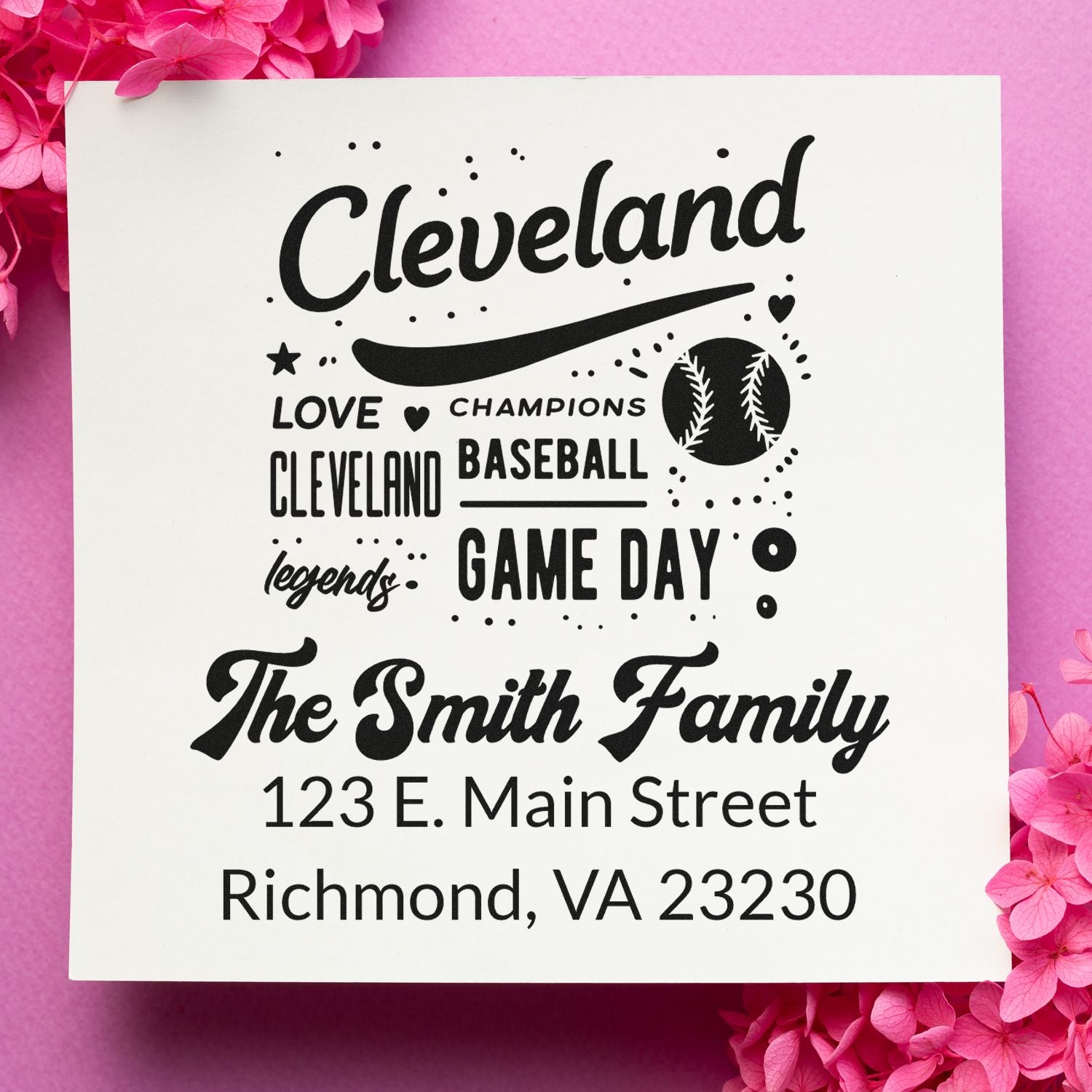 Custom baseball rubber stamp for Cleveland fans with Game Day, family name, and address for personalized stationery.