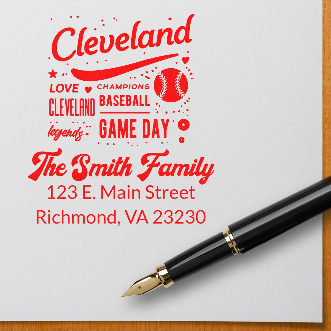 Personalized Cleveland baseball game day rubber stamp with The Smith Family return address, Richmond VA 23230.