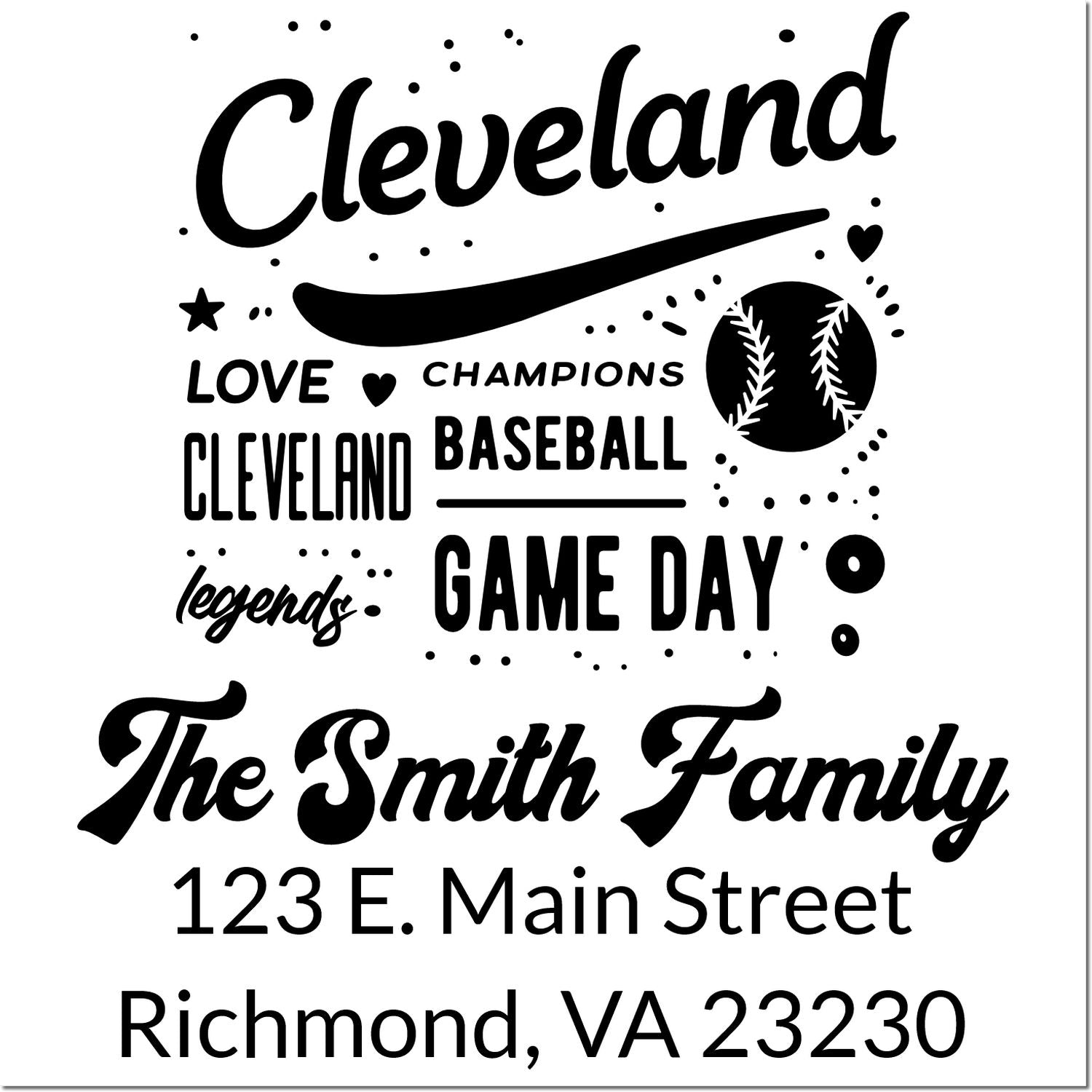 Custom rubber stamp design with Cleveland baseball, Game Day, The Smith Family, and Richmond, VA address text.