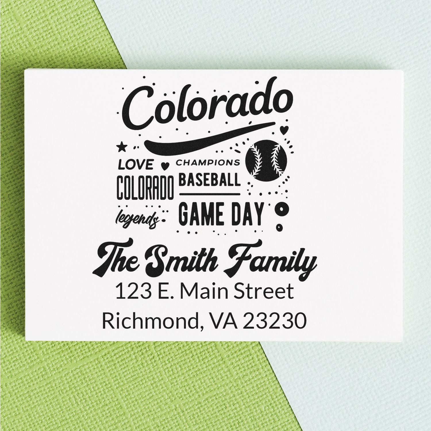Custom personalized Colorado baseball address rubber stamp for The Smith Family, with game day design and Richmond, VA address.