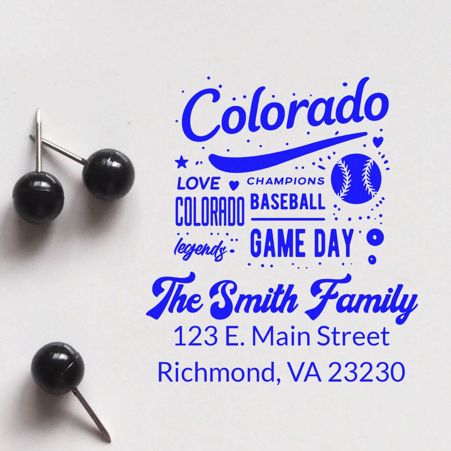 Custom Colorado baseball game day return address rubber stamp for The Smith Family, Richmond, VA.