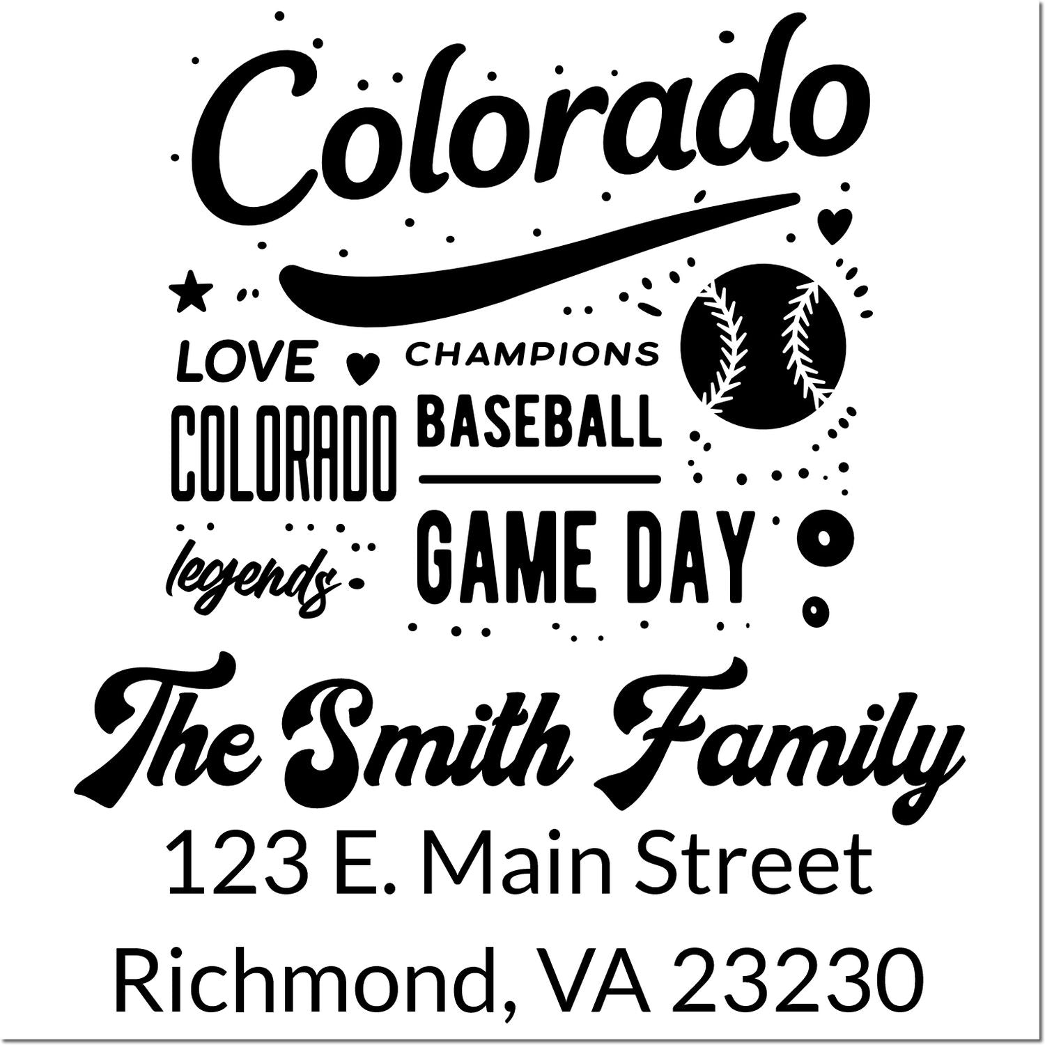 Custom Colorado baseball rubber stamp with The Smith Family return address, Richmond, VA 23230.