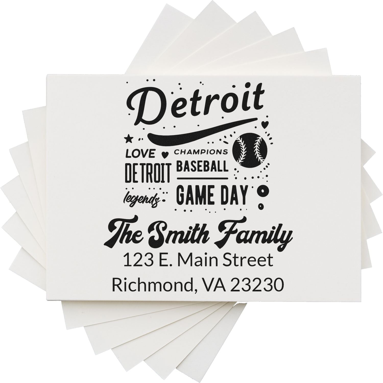 Custom Detroit baseball rubber stamp with The Smith Family return address, game day design, 123 E. Main Street, Richmond, VA.