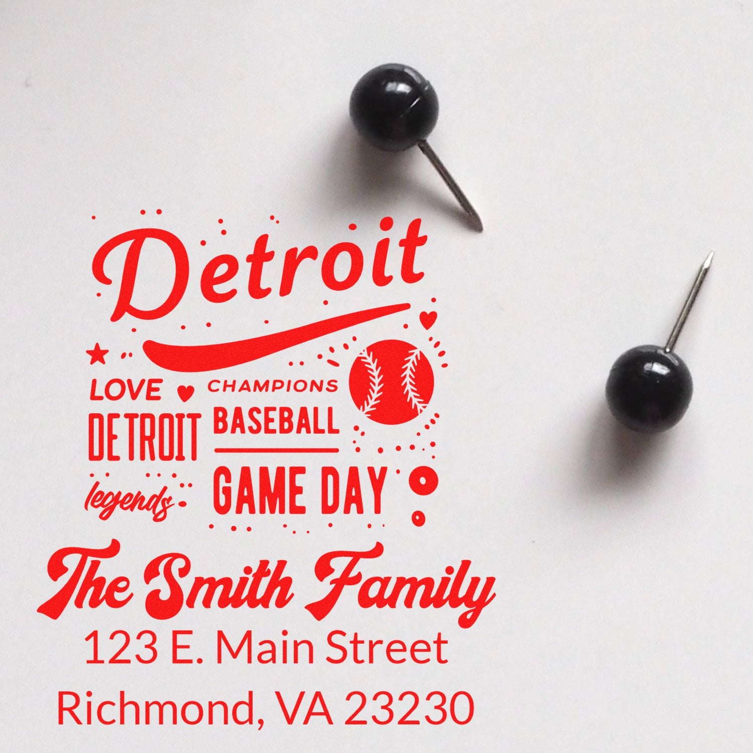 Custom Detroit baseball rubber stamp design with The Smith Family name, game day text, and personalized return address.