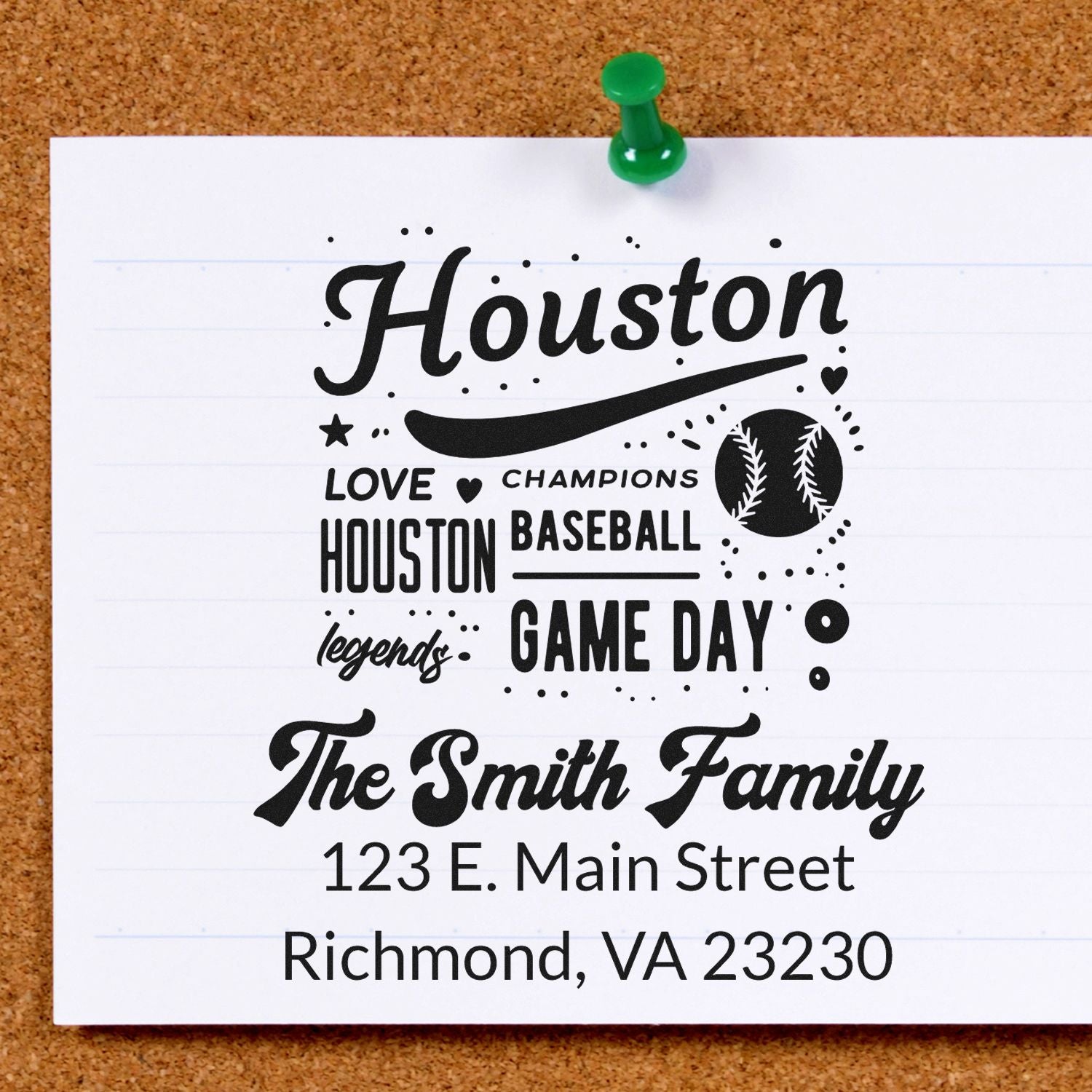 Custom rubber stamp design for Houston baseball fans with family name and address, featuring a game day theme and baseball graphic.