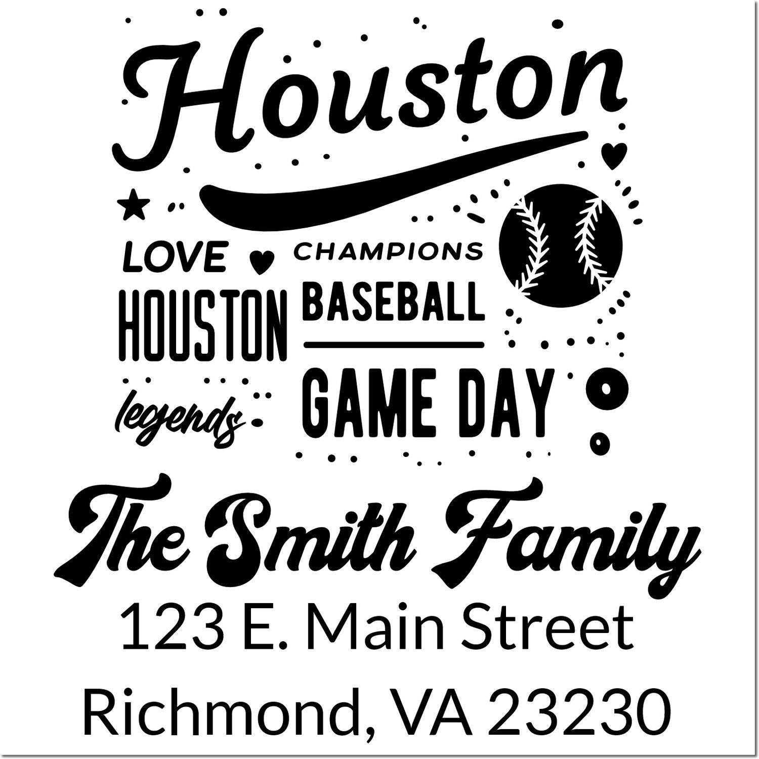 Custom Houston baseball family rubber stamp with Game Day design and return address for The Smith Family, Richmond VA 23230.