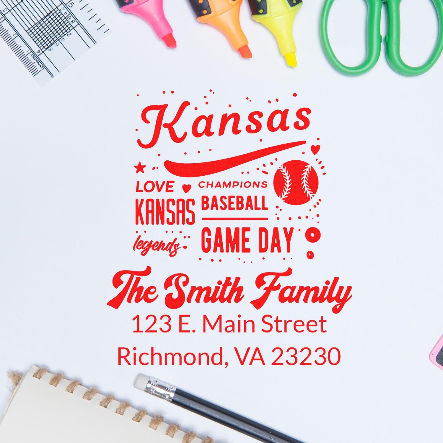Personalized Kansas baseball game day rubber stamp for family name and address.