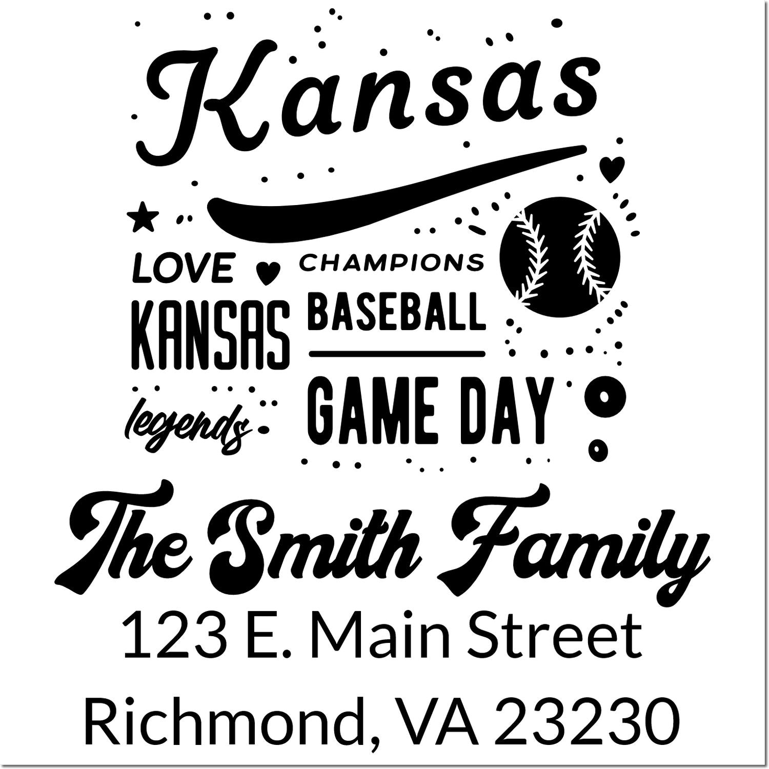 Personalized Kansas baseball game day rubber stamp with family name and address for custom team spirit and mailing use.