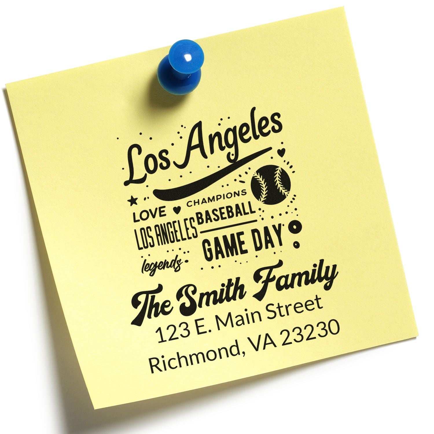 Personalized return address rubber stamp with Los Angeles baseball game day design for family stationery.