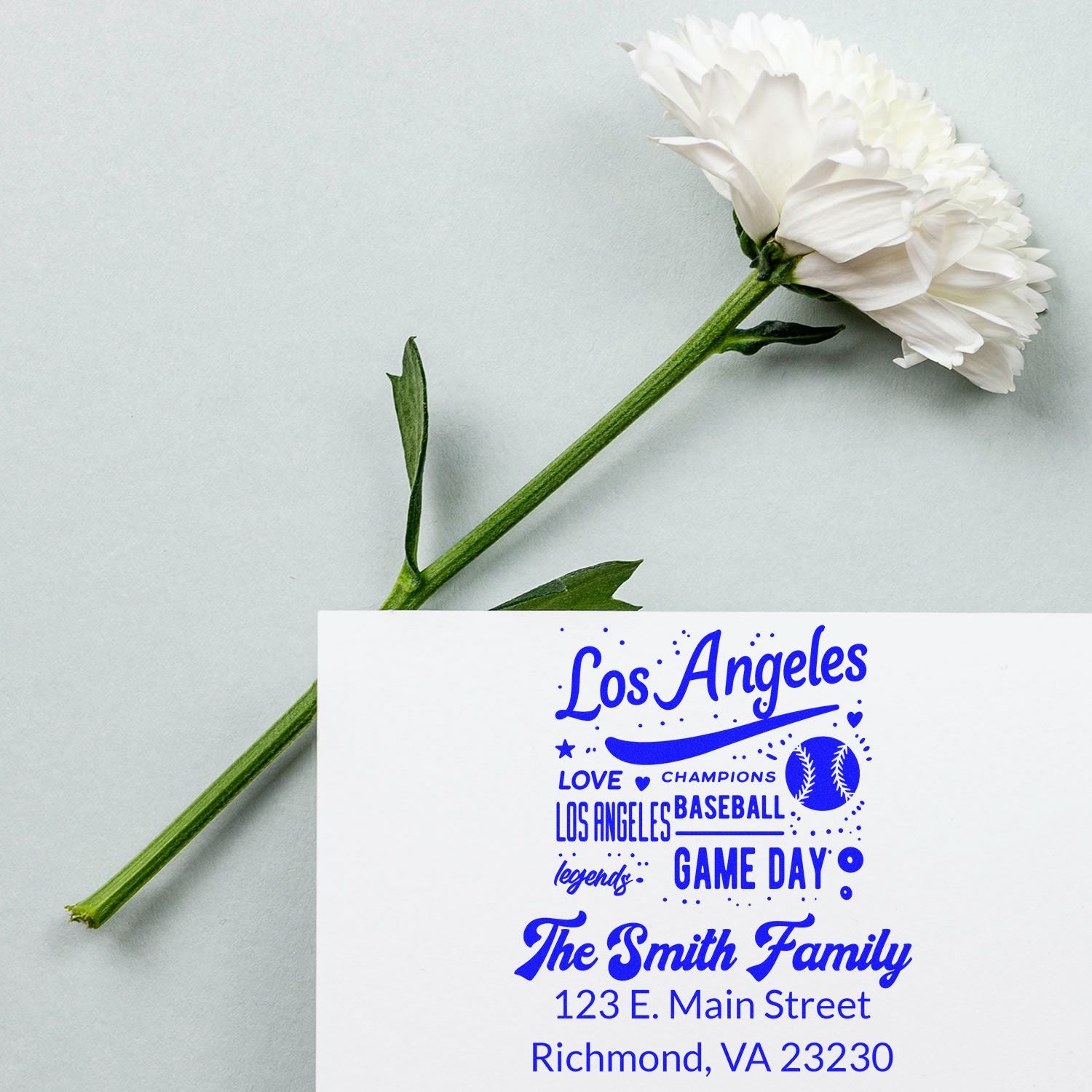 Custom Los Angeles baseball address rubber stamp with game day design, family name, and return address.
