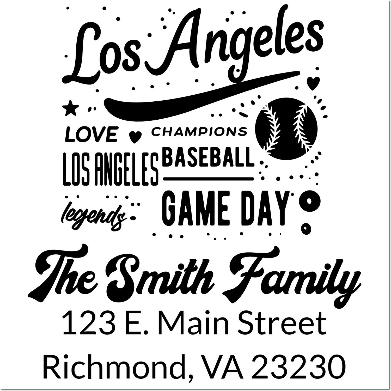 Personalized Los Angeles baseball family rubber stamp with game day design, custom name, and address.
