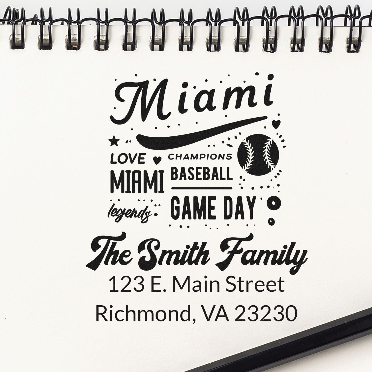 Custom Miami baseball return address stamp with family name, address, and game day design.