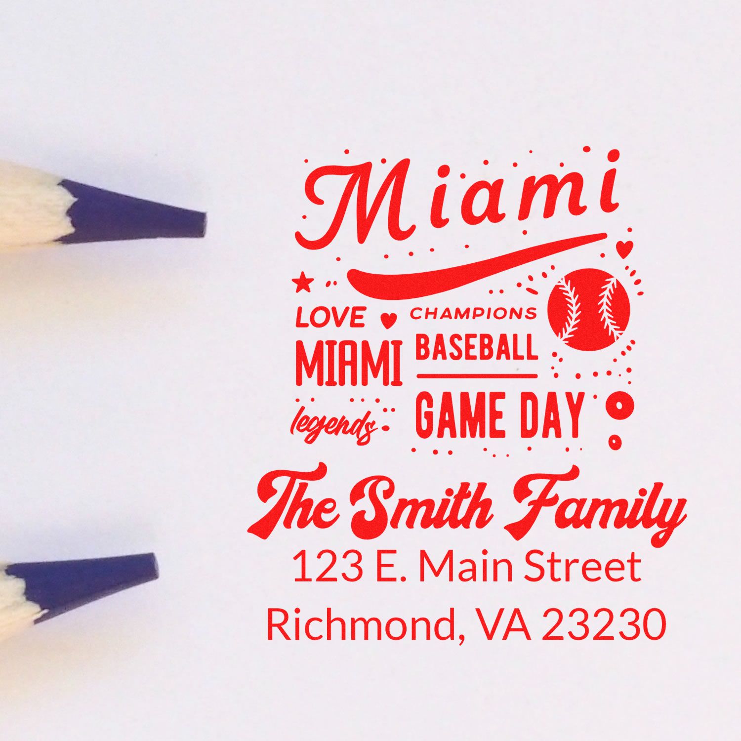 Personalized Miami baseball game day return address rubber stamp for The Smith Family, Richmond, VA 23230.