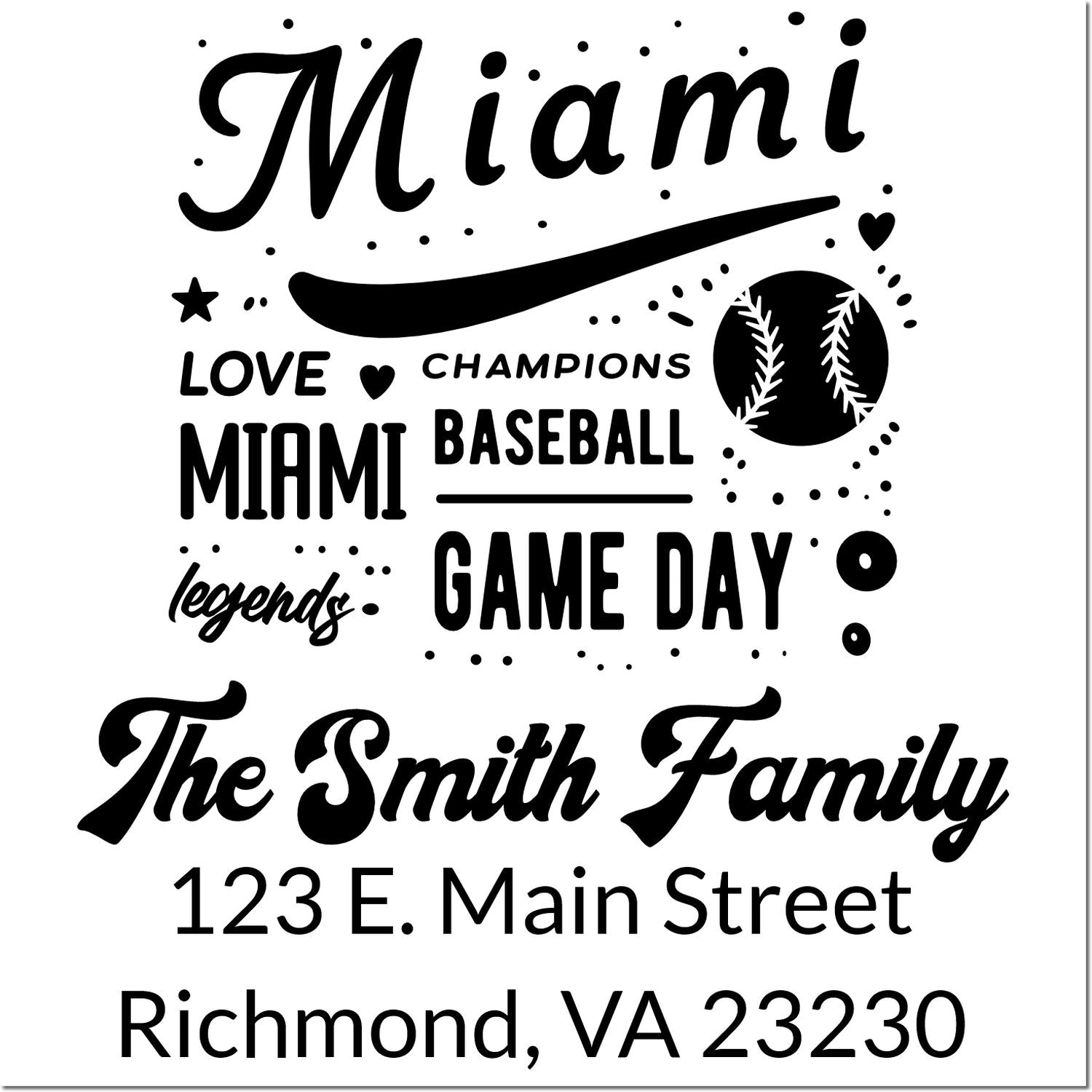 Personalized rubber stamp designs for baseball fans, family name, and return address stamp.