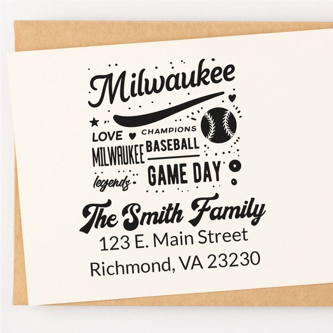 Custom Milwaukee baseball return address rubber stamp for The Smith Family, with game day design and personalized address.