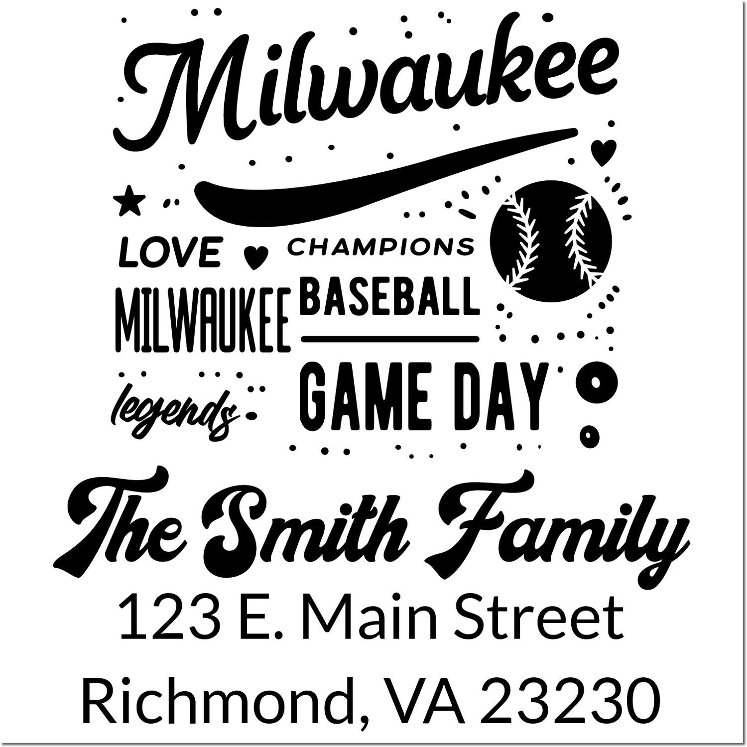 Custom baseball family return address rubber stamp for The Smith Family, Milwaukee game day, Richmond VA 23230.