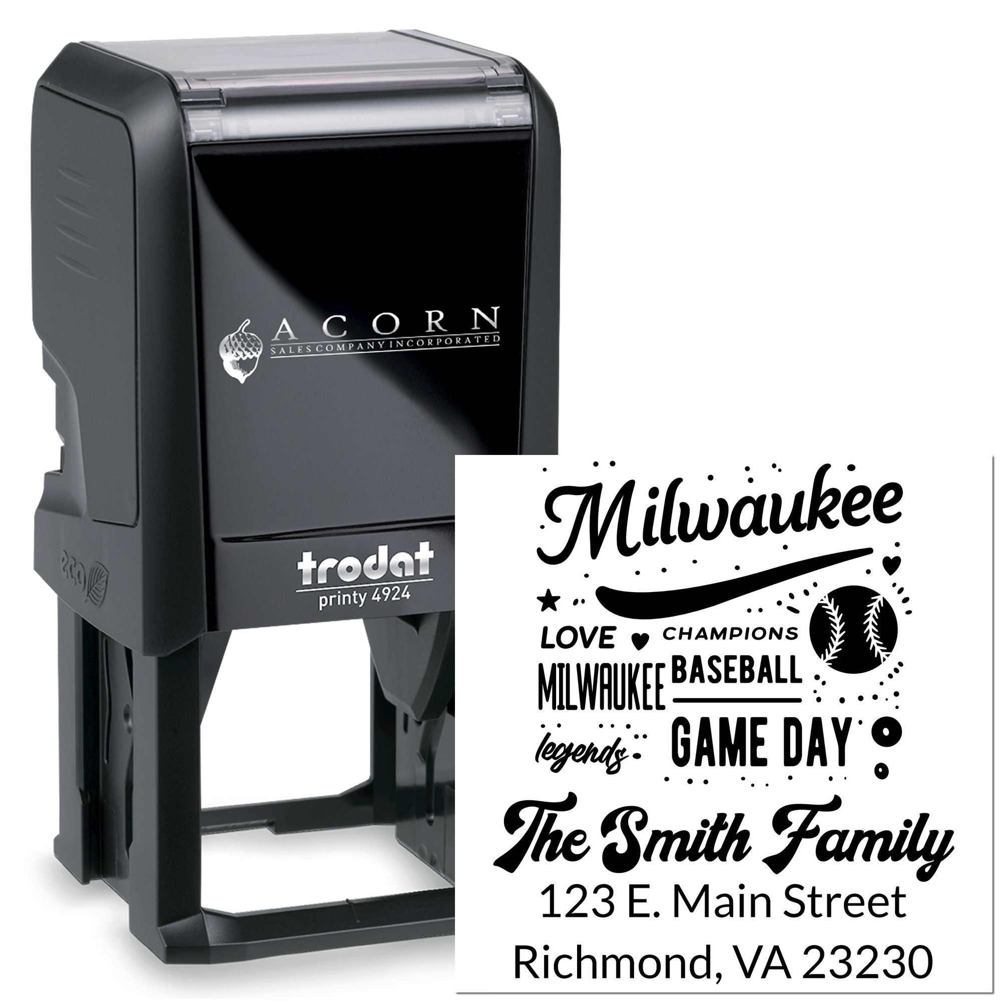 Trodat self-inking rubber stamp with custom Milwaukee baseball family address design for personalized mailing and branding.