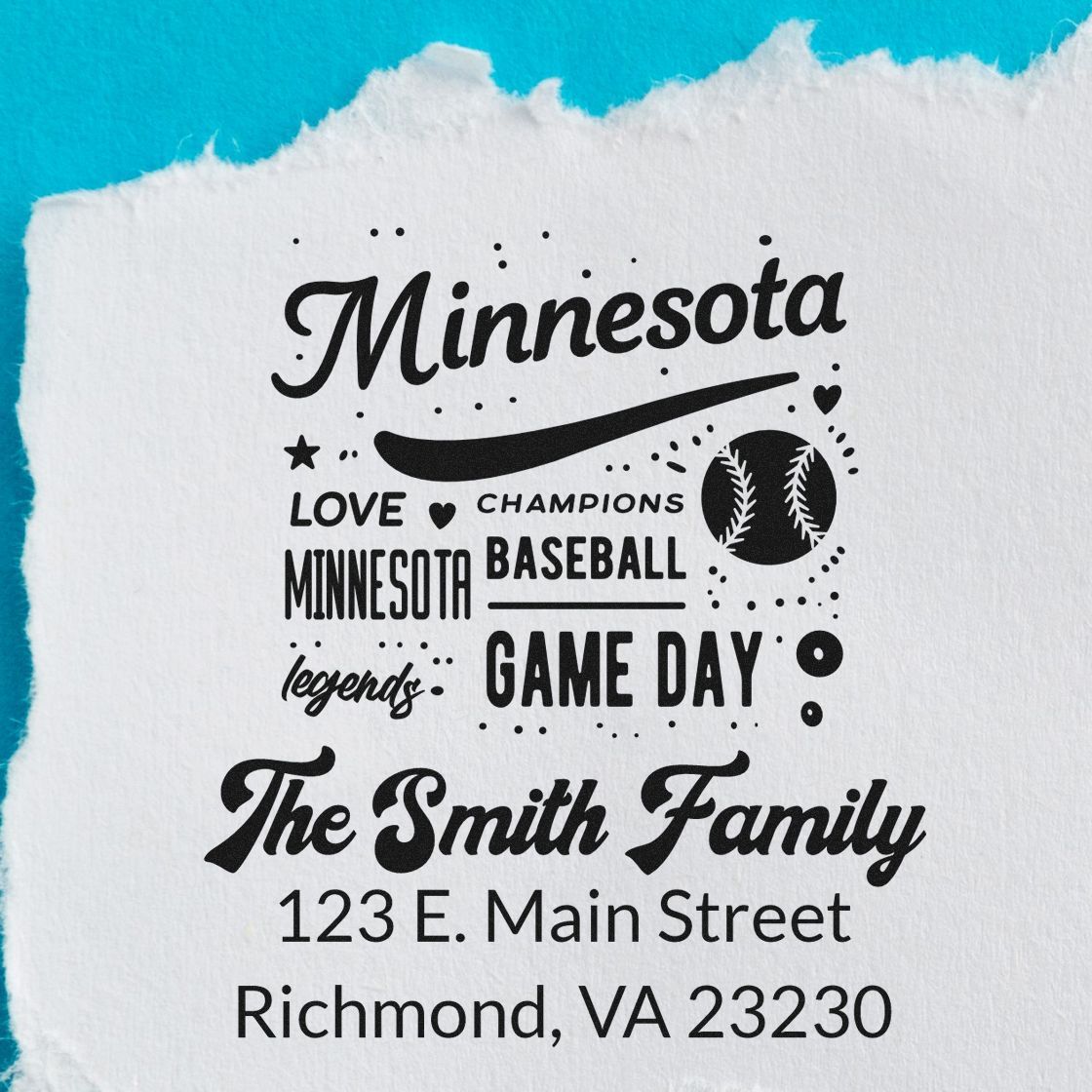 Custom Minnesota baseball address stamp for The Smith Family, personalized for game-day mail and stationery.