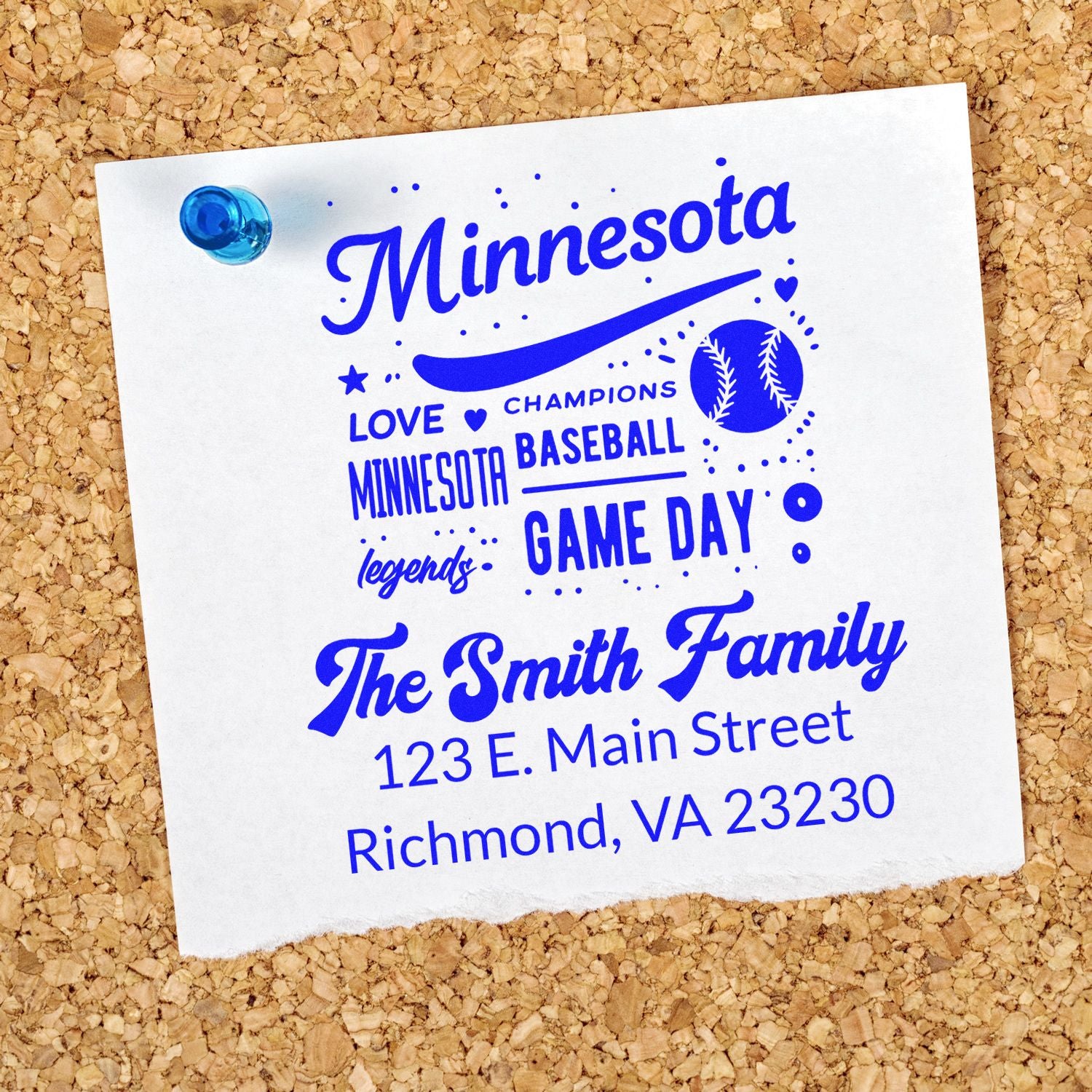 Blue custom Minnesota baseball family address rubber stamp impression with game day design on white paper.