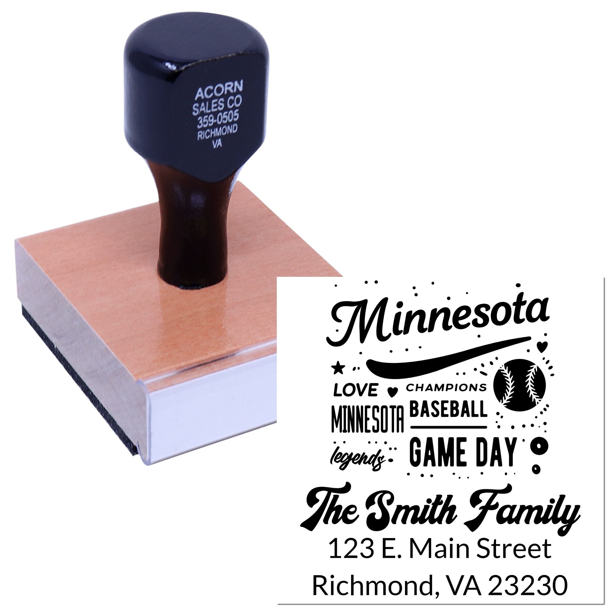 Personalized rubber stamp with Minnesota baseball game day design and Smith family address imprint