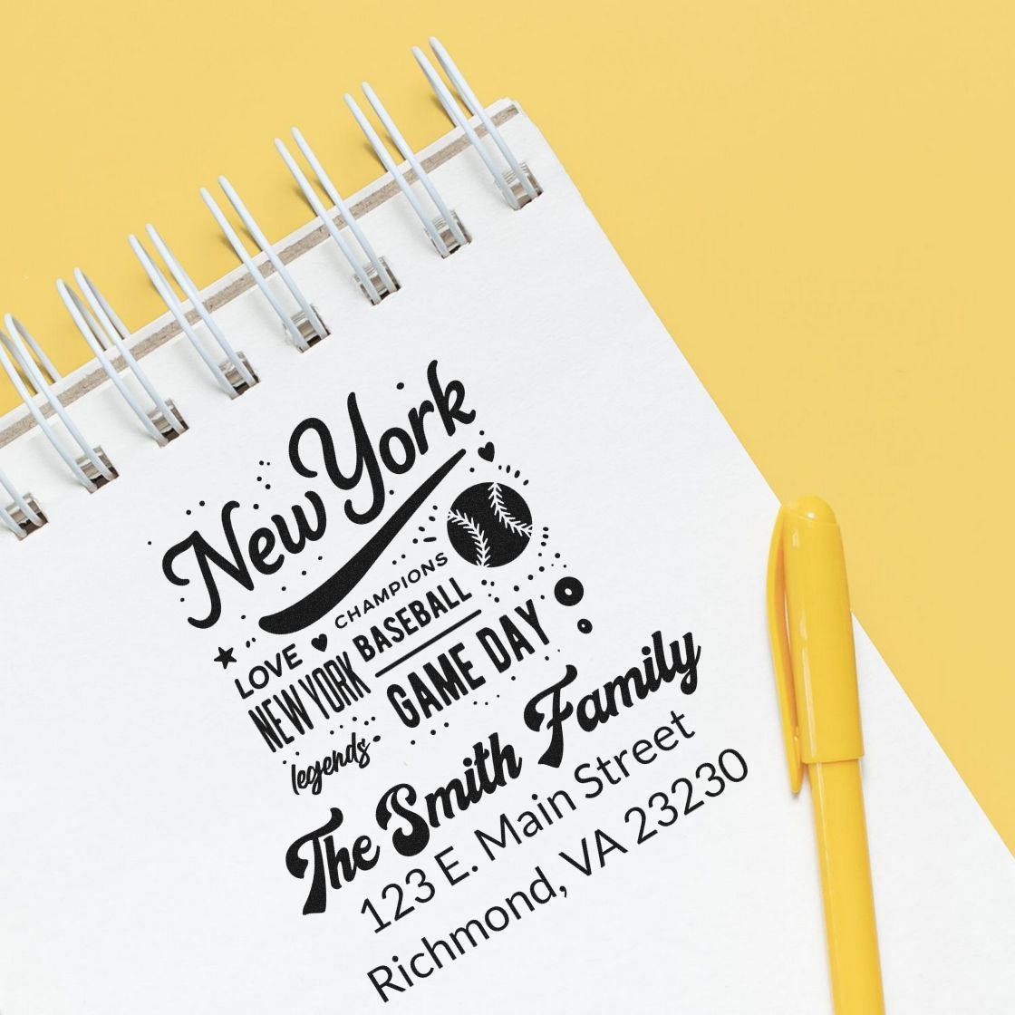 Custom rubber stamp design with New York baseball theme and Smith family return address for personalized mail.