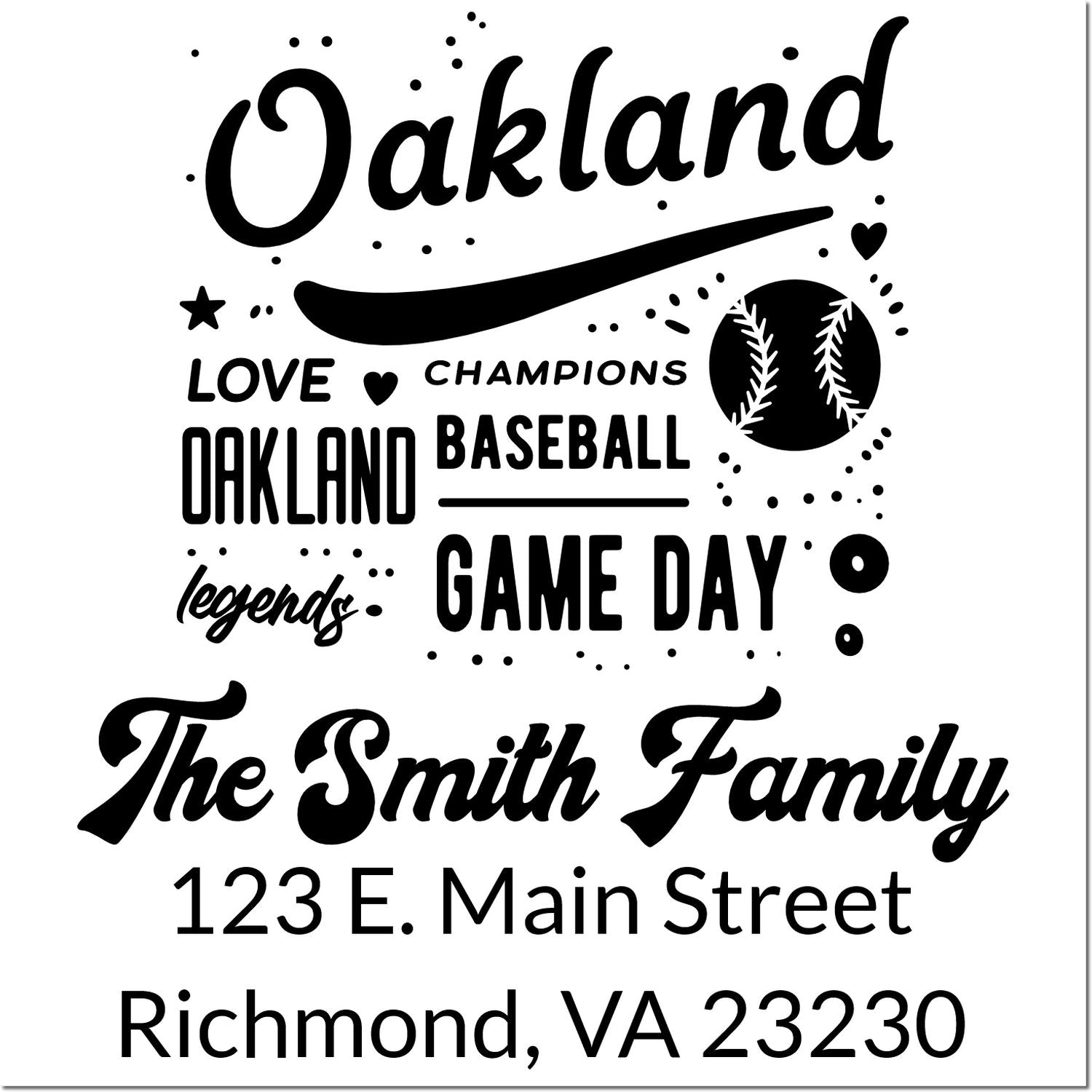 Custom rubber stamp design examples with Oakland baseball game day text, family name, and address in Richmond, VA 23230.