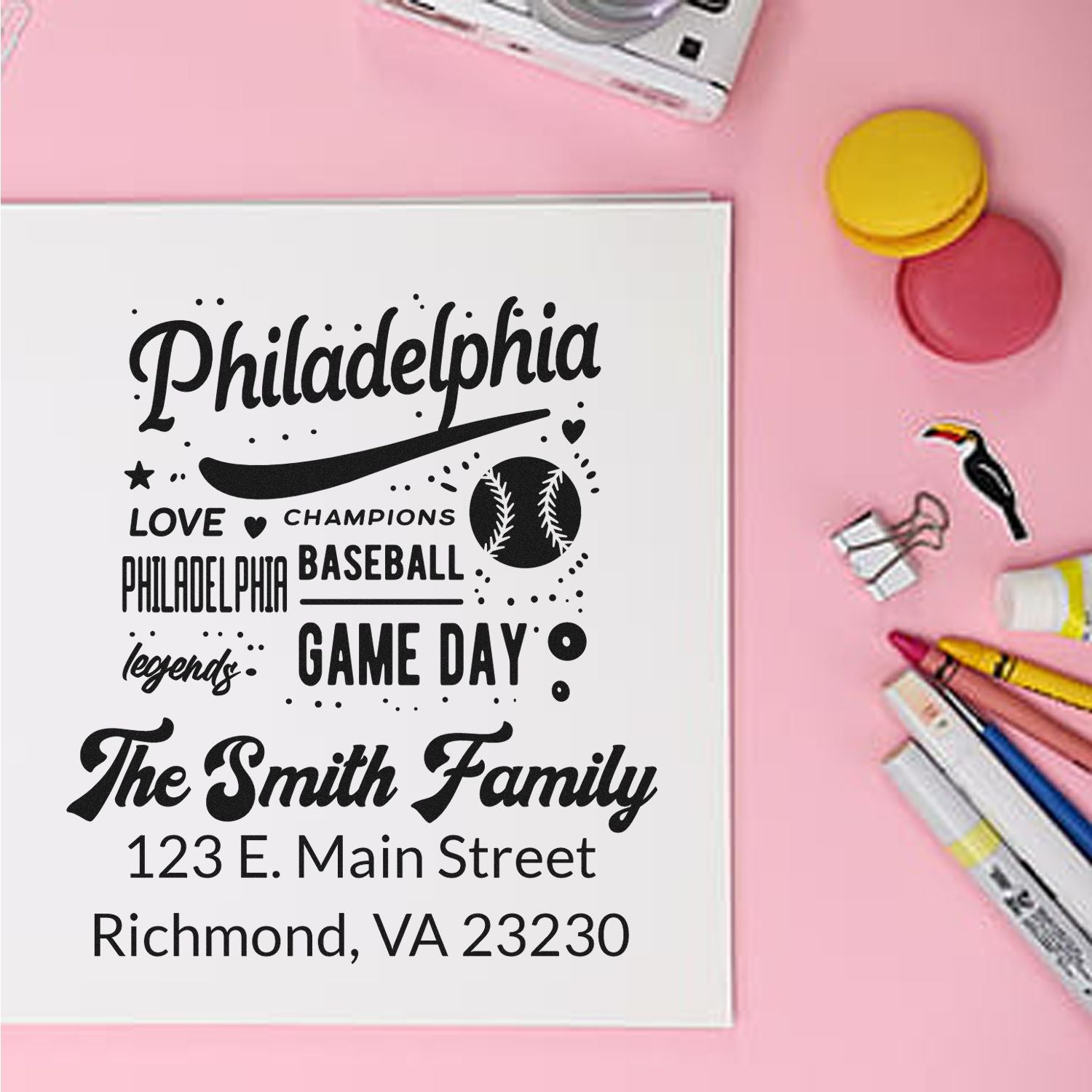 Custom Philadelphia baseball rubber stamp proof for The Smith Family address stamp with game day design.