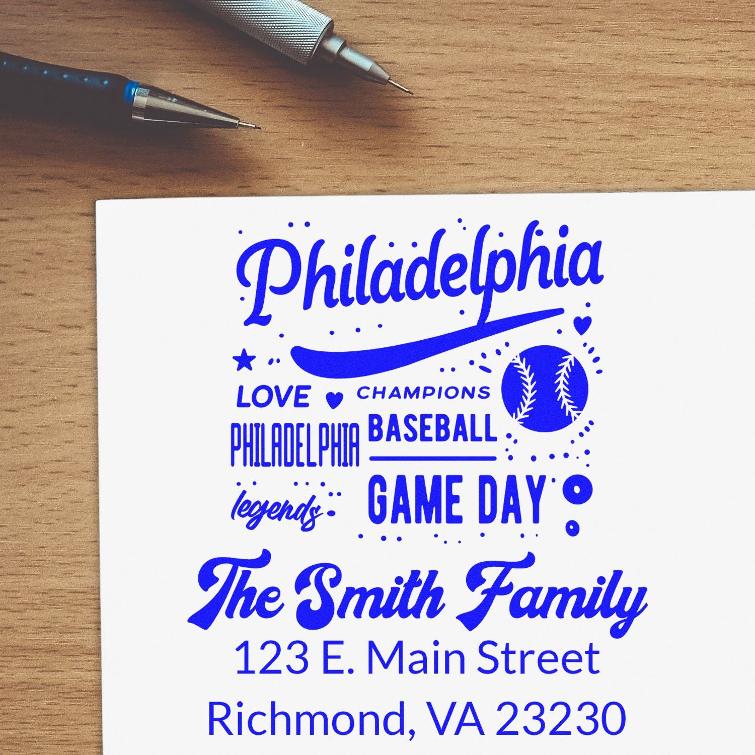 Custom Philadelphia baseball rubber stamp with The Smith Family return address, game day design, ideal for fan mail and crafting