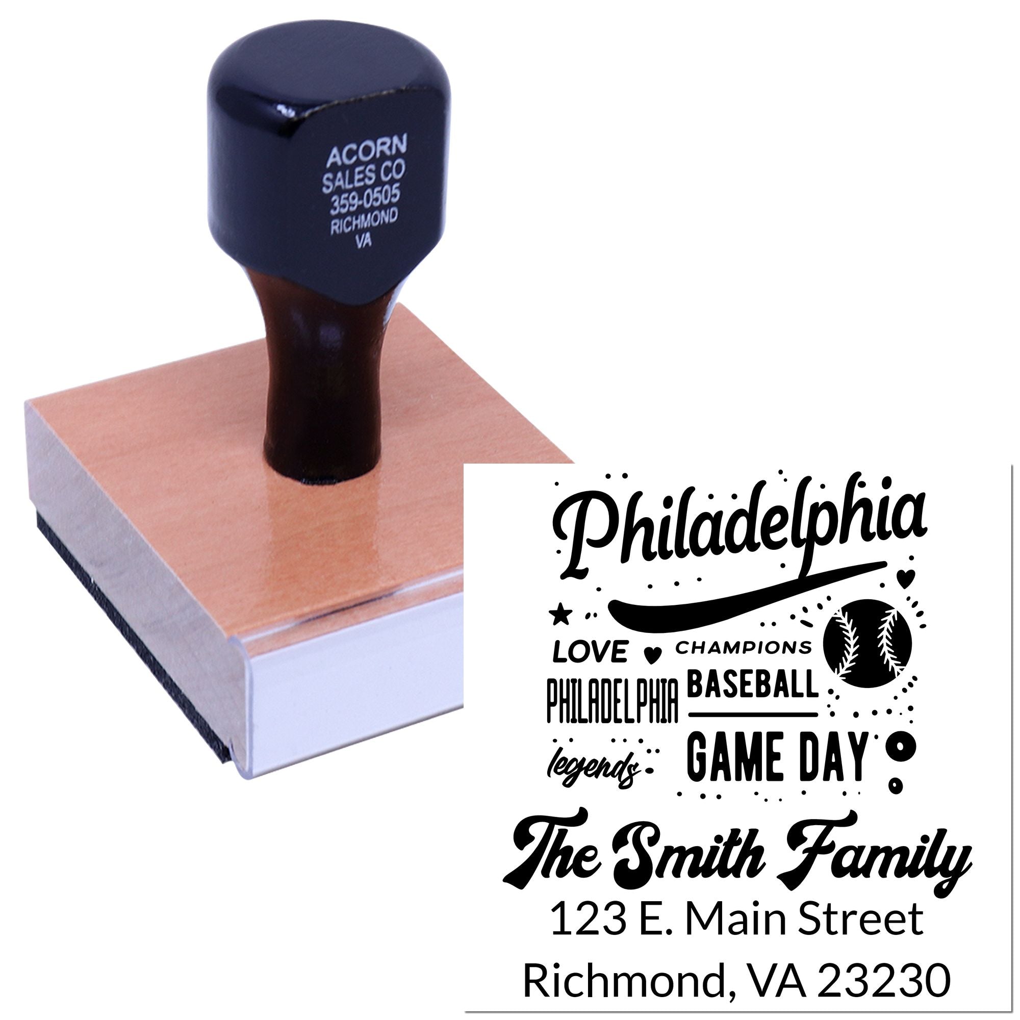 Custom rubber stamp for Philadelphia baseball game day with family name, address and team-themed imprint.