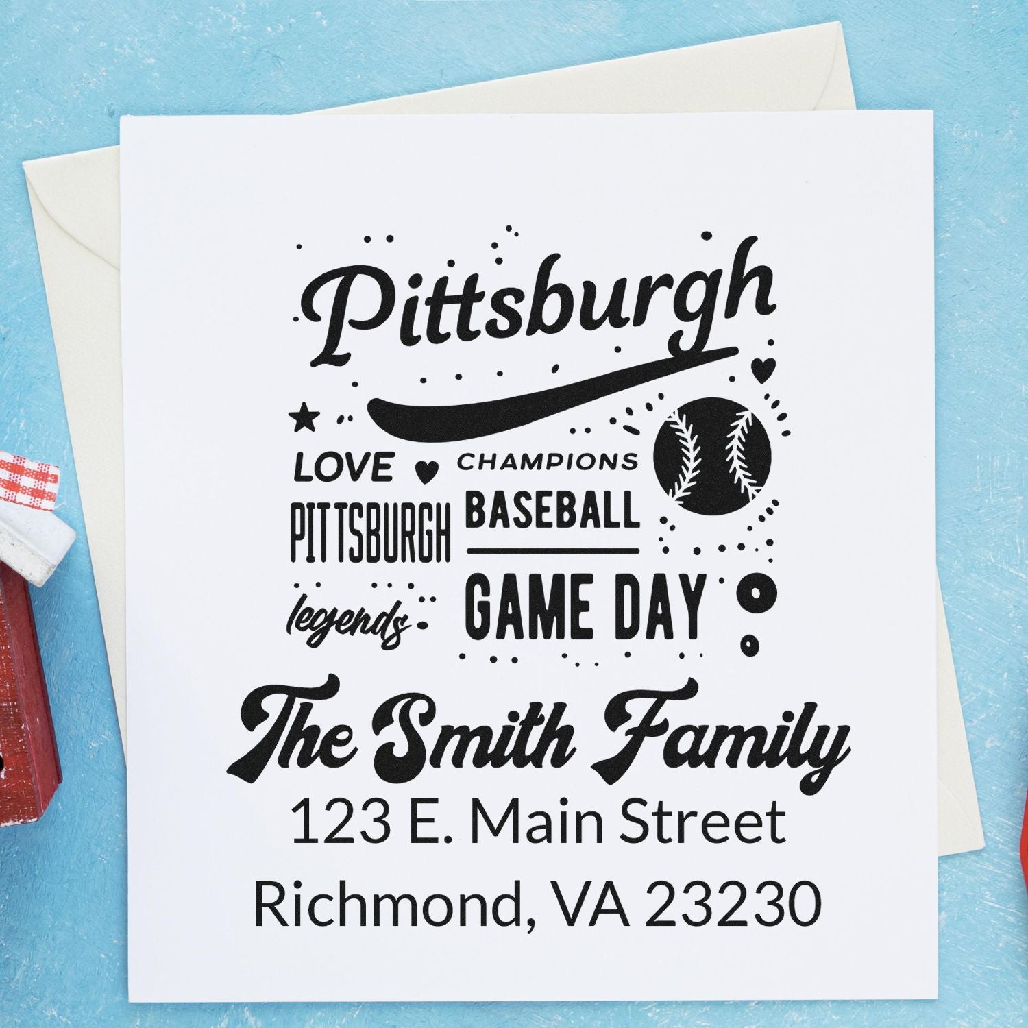 Custom Pittsburgh baseball rubber stamp for The Smith Family, game day message and return address in Richmond, VA 23230