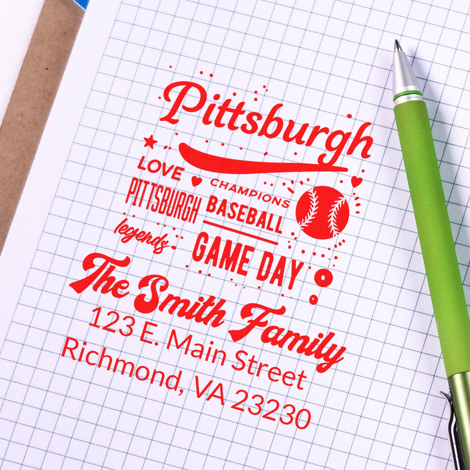 Personalized Pittsburgh baseball rubber stamp design for The Smith Family with address and game day slogan.