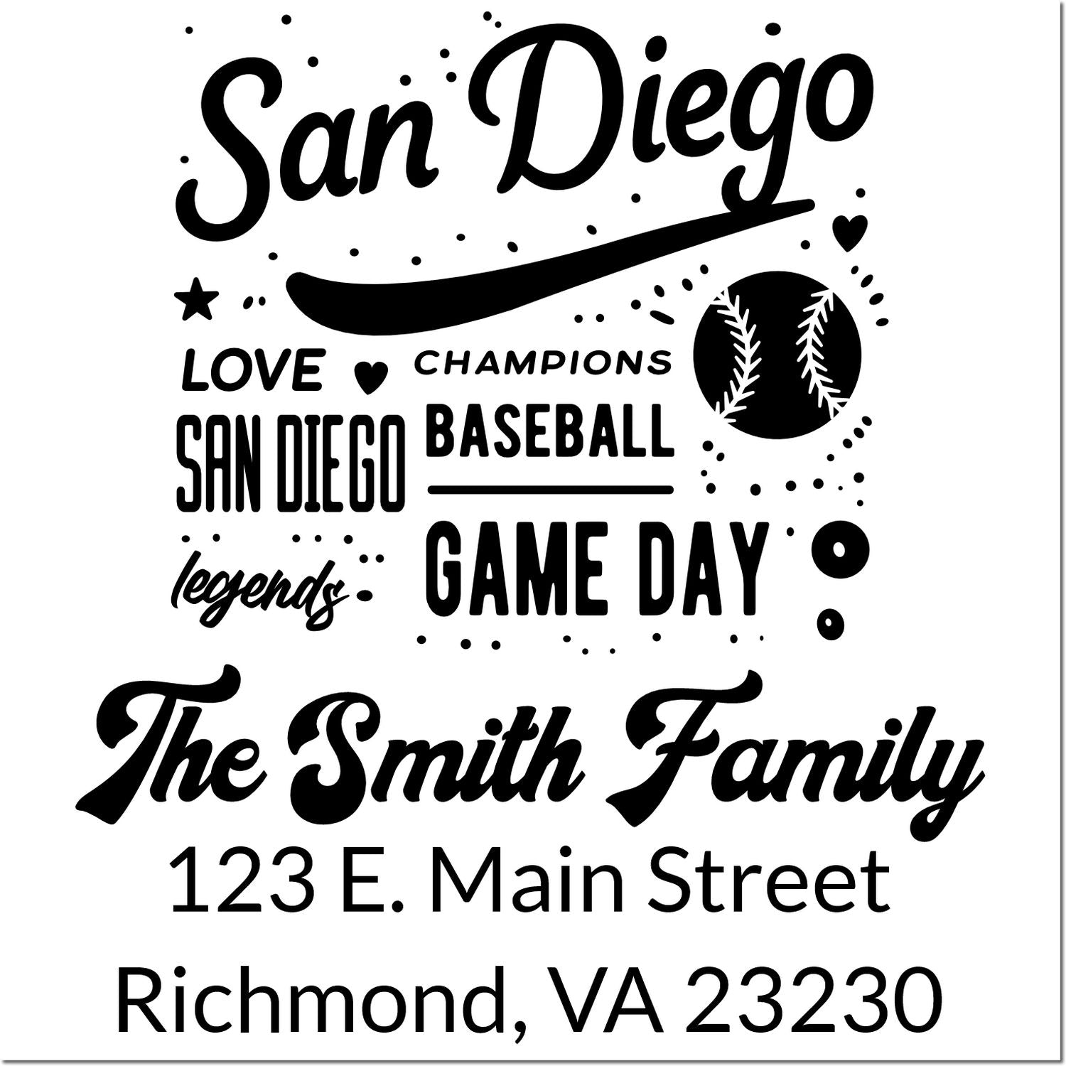 Custom baseball rubber stamp design with San Diego text, The Smith Family name, and address for personalized game day use.