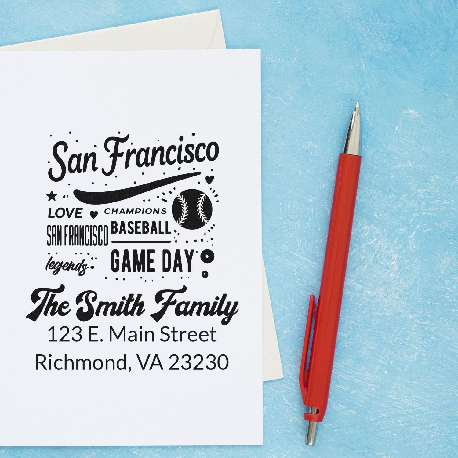 Custom rubber stamp with San Francisco baseball game day design, The Smith Family, and Richmond VA return address.